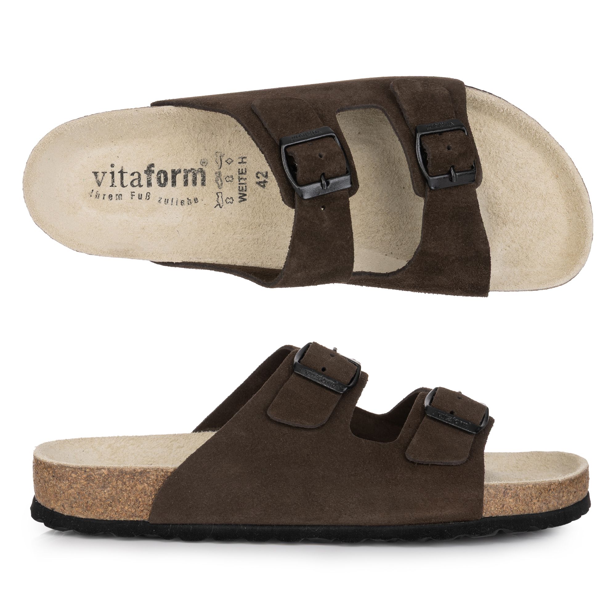 VITAFORM Herren-Pantolette Veloursleder 2 Schnallen Korkfußbett