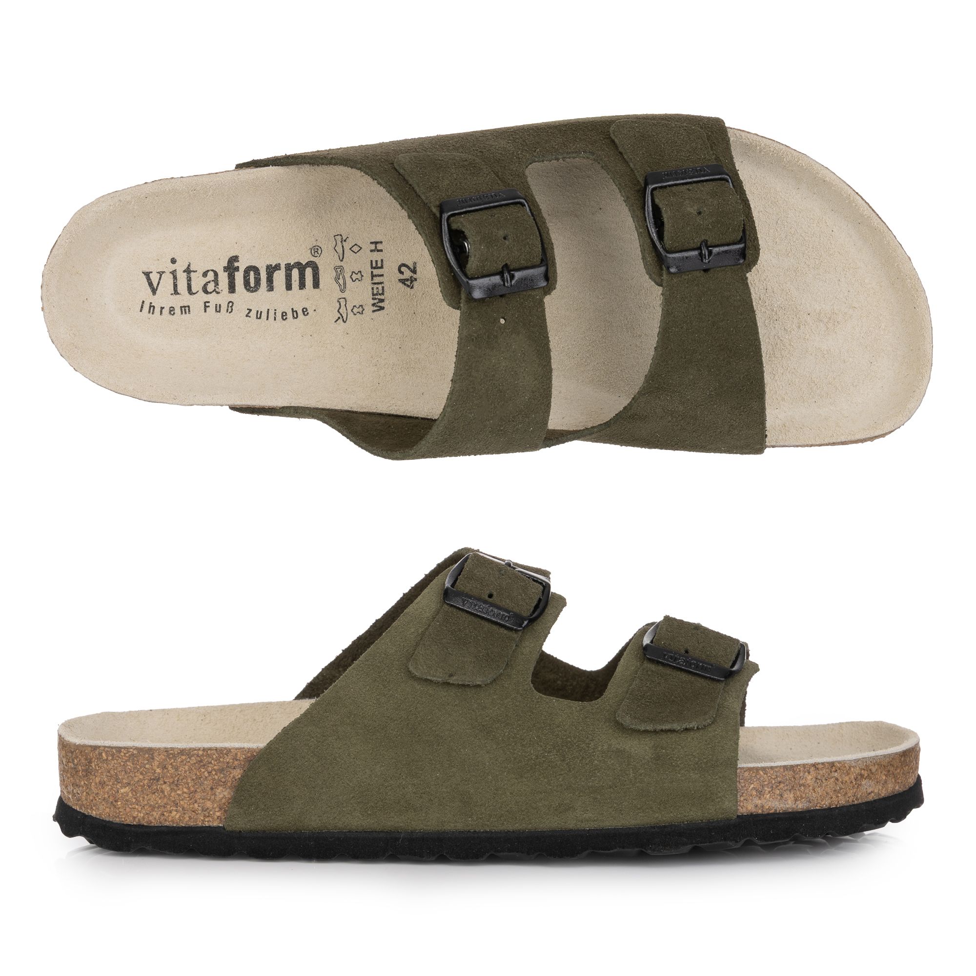 VITAFORM Herren-Pantolette Veloursleder 2 Schnallen Korkfußbett