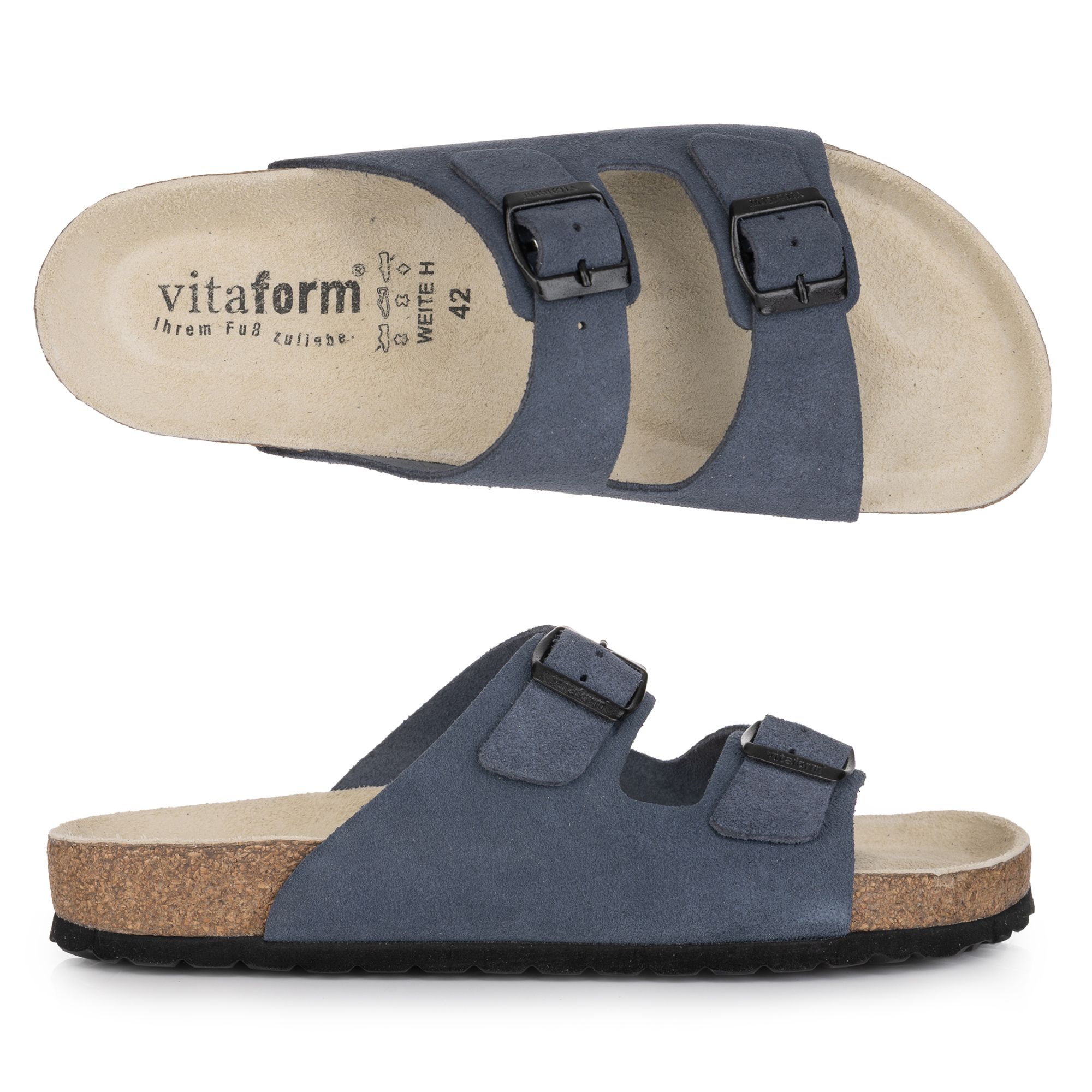 VITAFORM Herren-Pantolette Veloursleder 2 Schnallen Korkfußbett