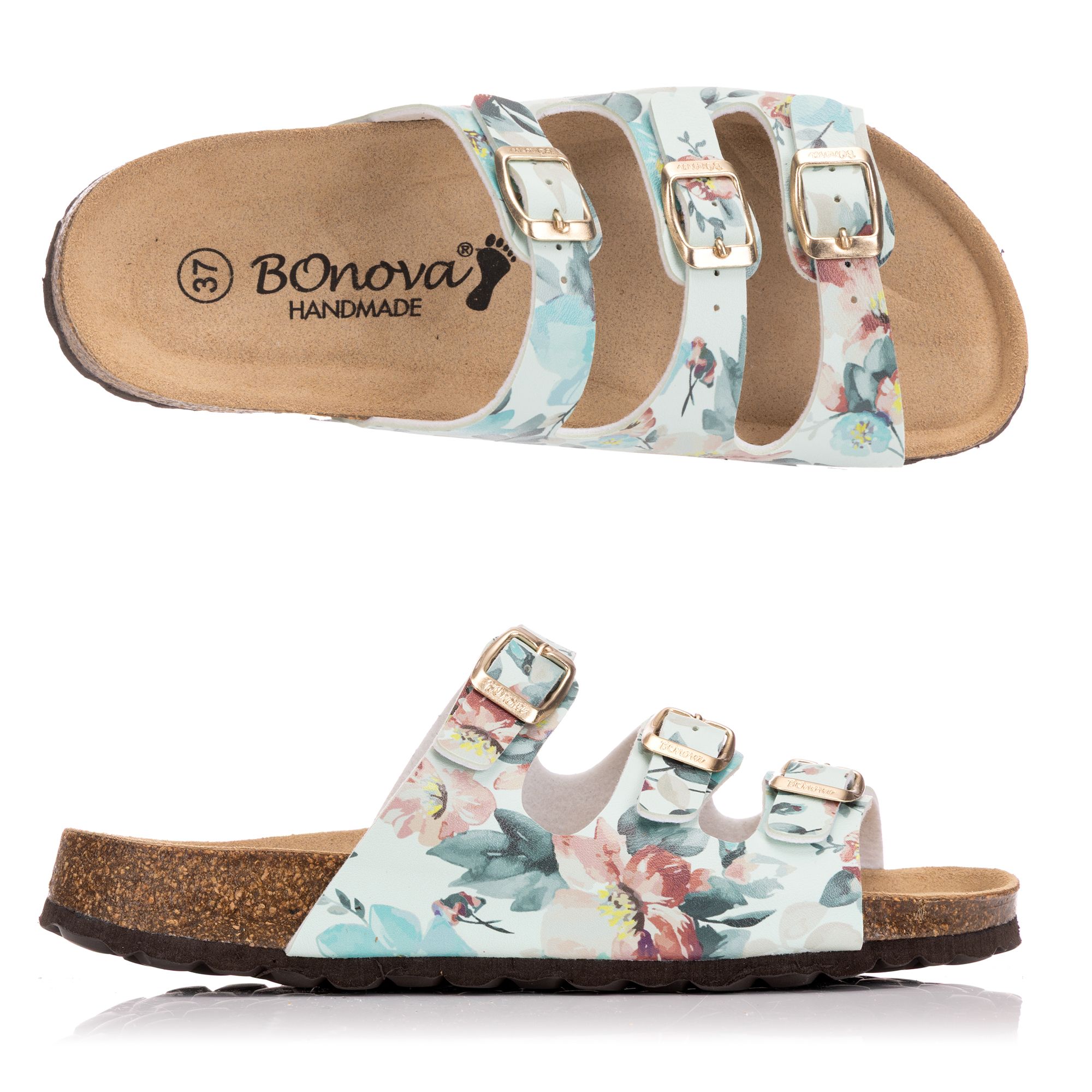 BONOVA Damen-Pantolette Blumen-Optik 3 verstel. Riemen Super-Soft-Fußbett