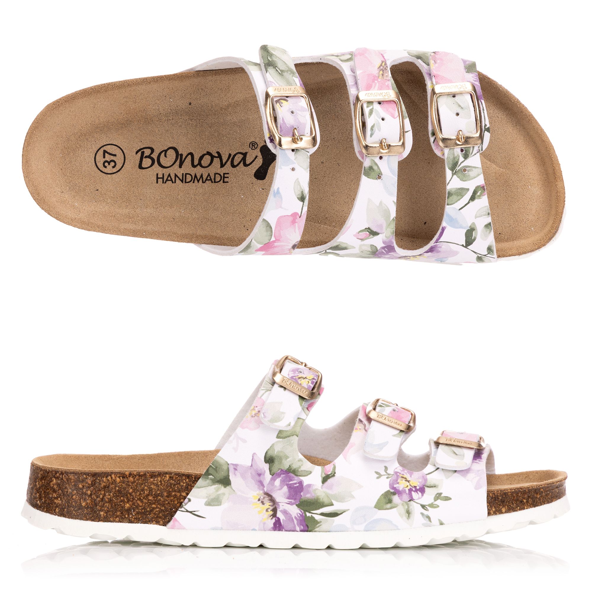 BONOVA Damen-Pantolette Blumen-Optik 3 verstel. Riemen Super-Soft-Fußbett