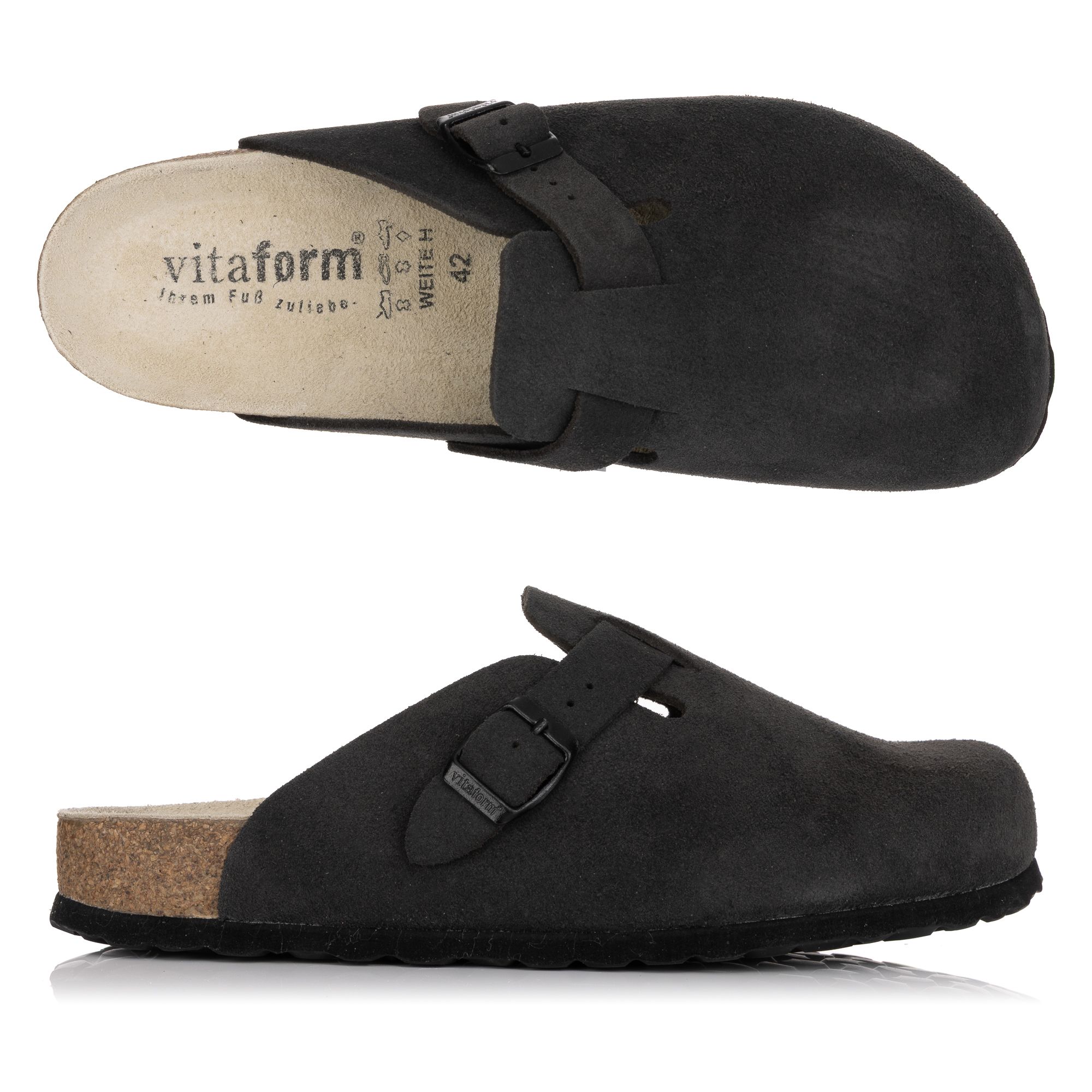 VITAFORM Herren-Clog Veloursleder Schnalle Korkfußbett