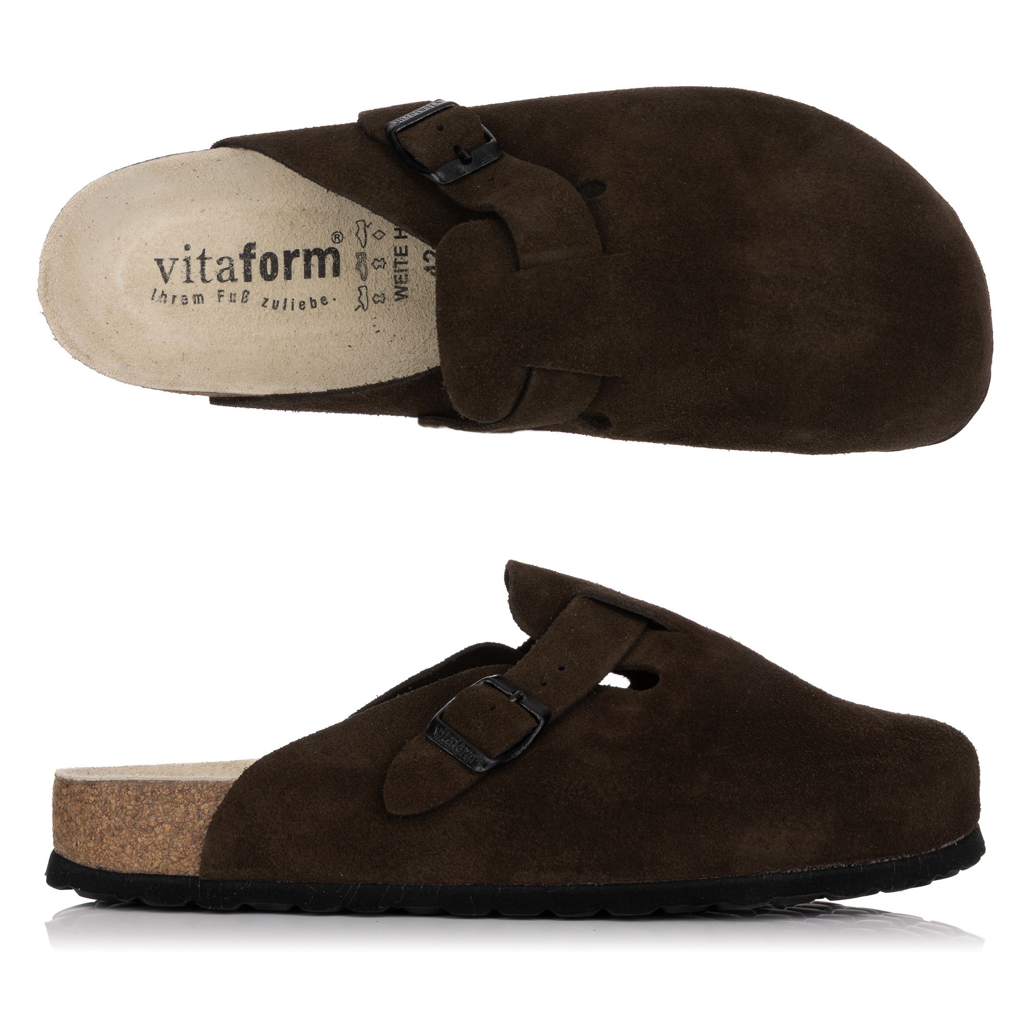 VITAFORM Herren-Clog Veloursleder Schnalle Korkfußbett