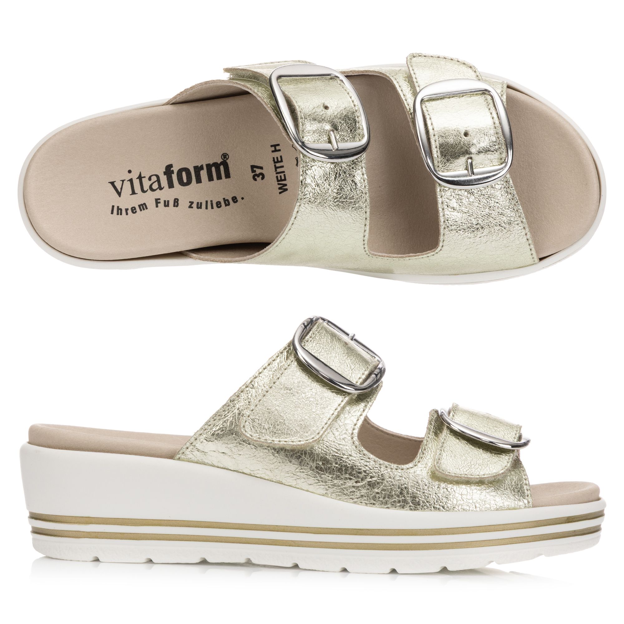 VITAFORM Damen-Pantolette Veloursleder Metallic 2 große Schnallen Sohle Valeria