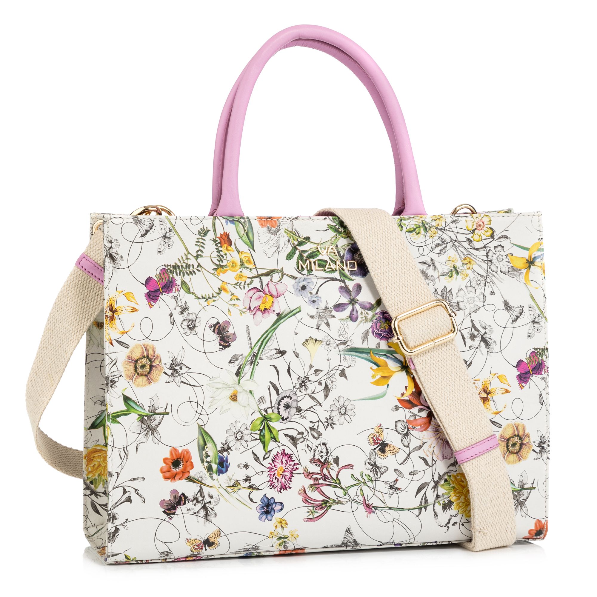 VIA MILANO Henkeltasche echt Leder Blumendruck abnehmbarer Riemen