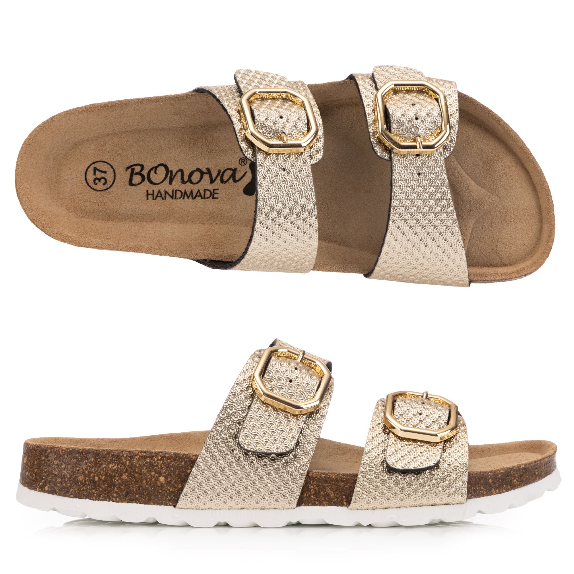 BONOVA Damen-Pantolette Metallic-Optik 2 verstel. Riemen Super-Soft-Fußbett