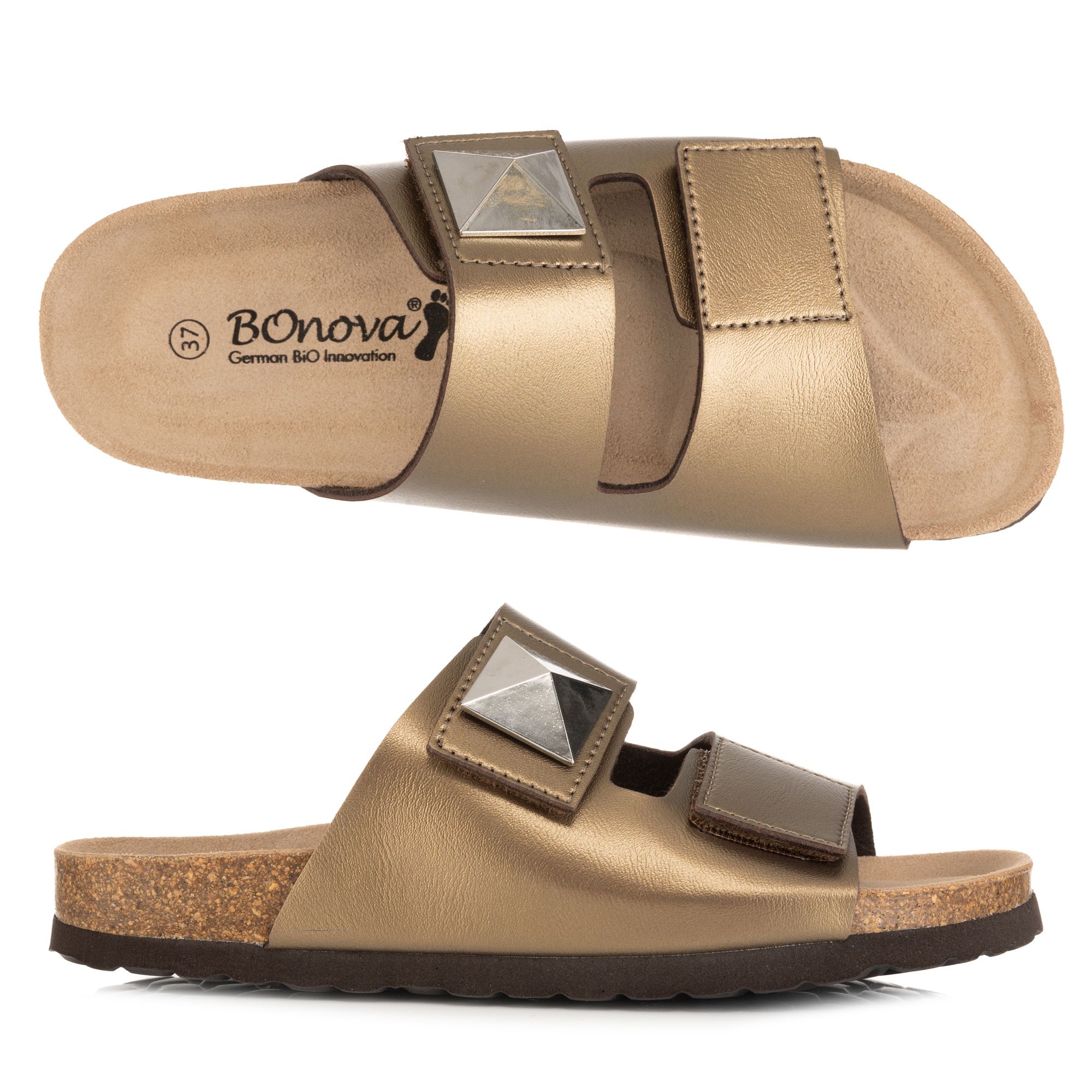 BONOVA Damen-Pantolette Nieten-Detail Klettverschluss Super-Soft-Fußbett