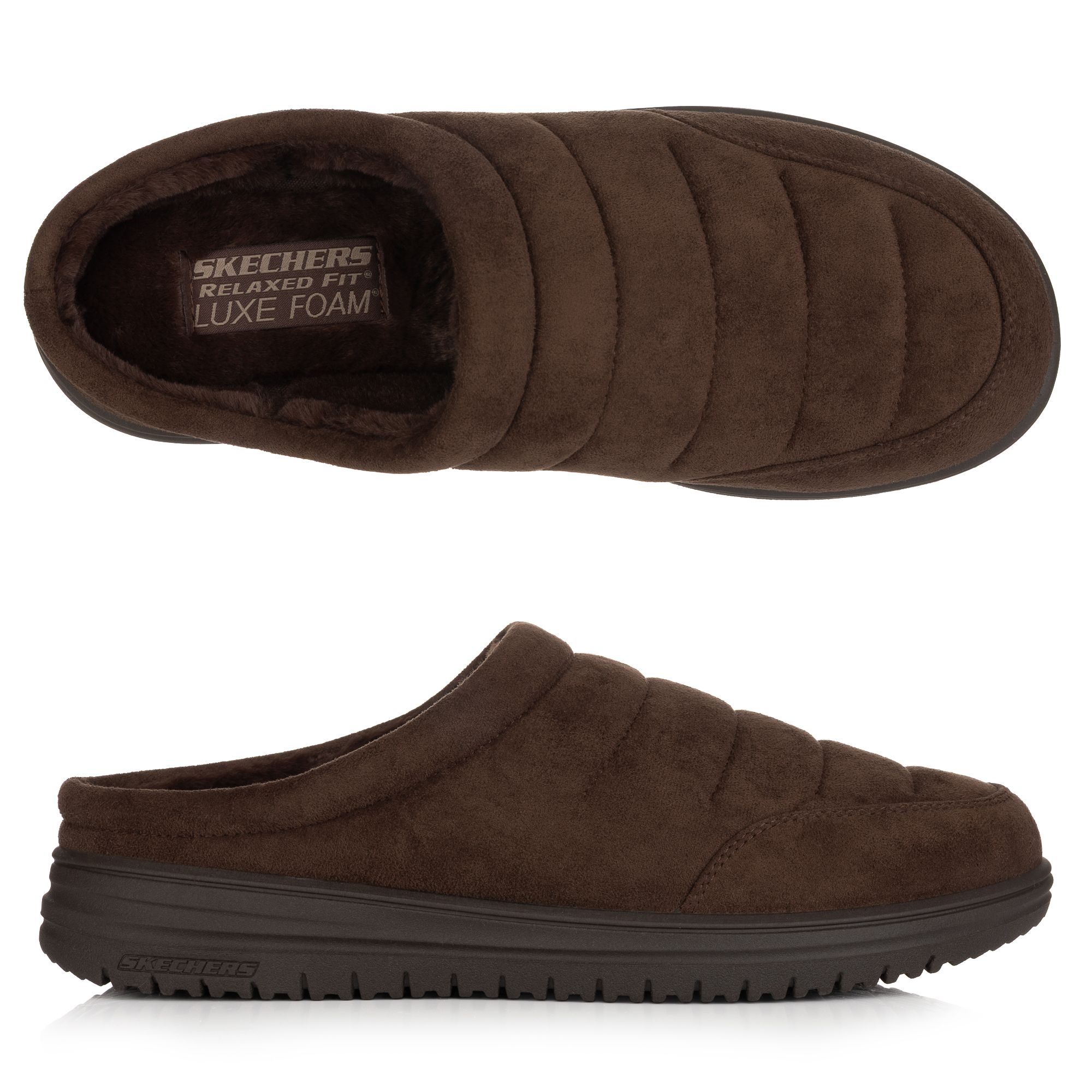 SKECHERS Herren-Hausschuh gesteppte Mikrofaser Relaxed Fit Luxe Foam®-Fußbett