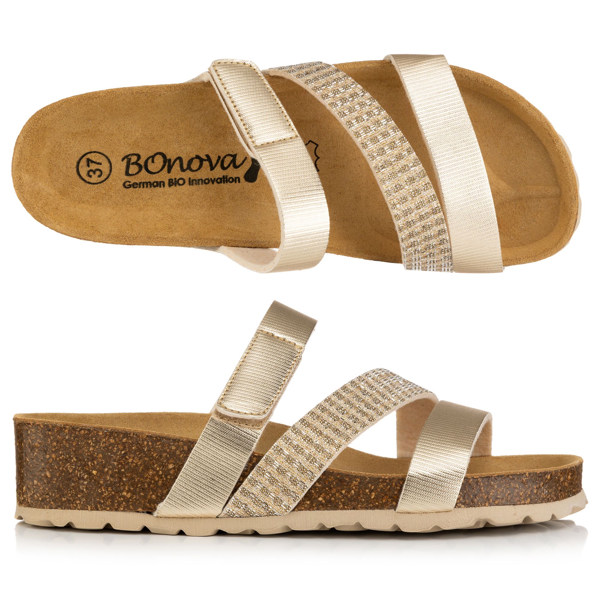 BONOVA Damen-Pantolette Perlato-Glitzer Optik Klettverschluss Super-Soft-Fußbett