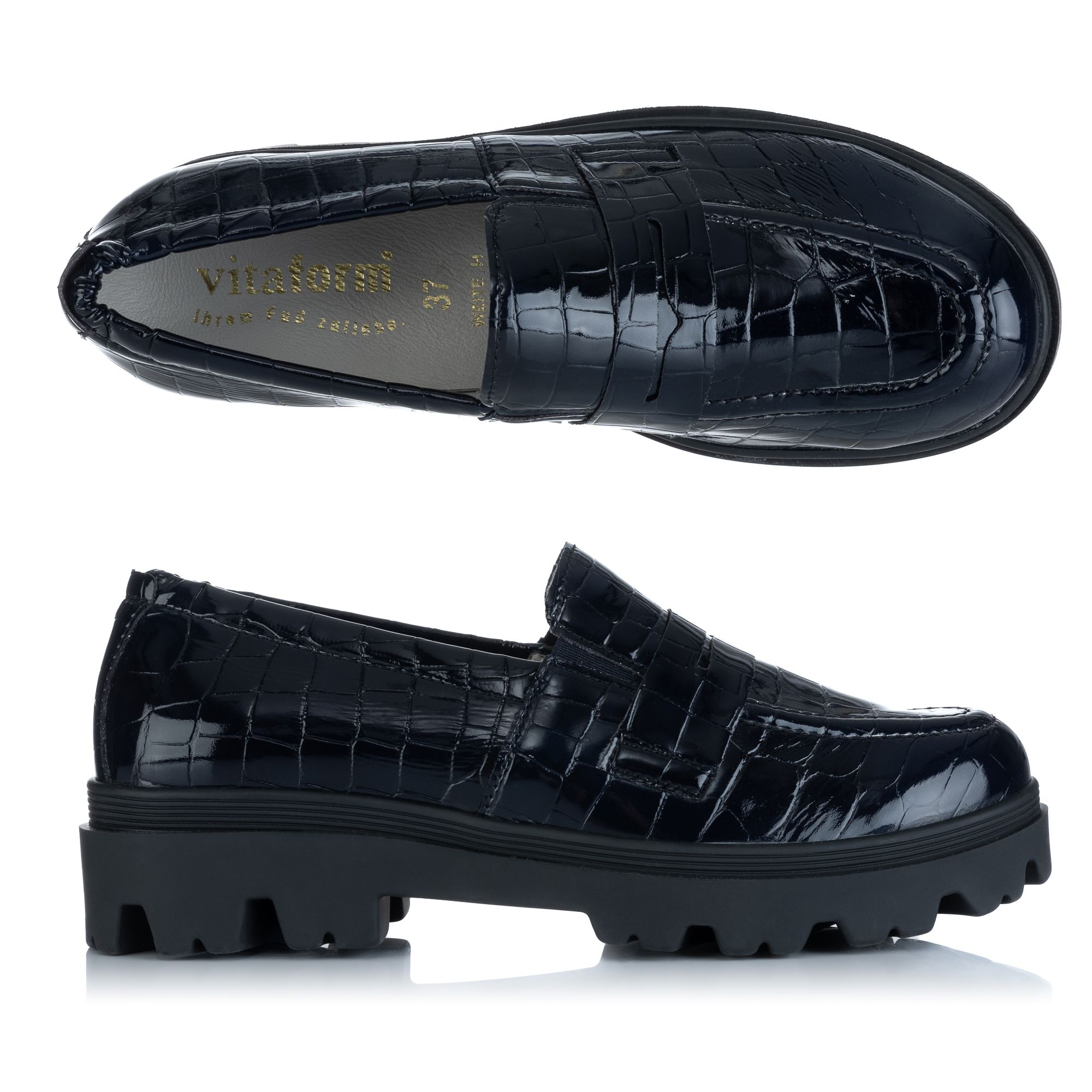 VITAFORM Damen-Slipper Lackstretch Krokoprägung Sohle Finja