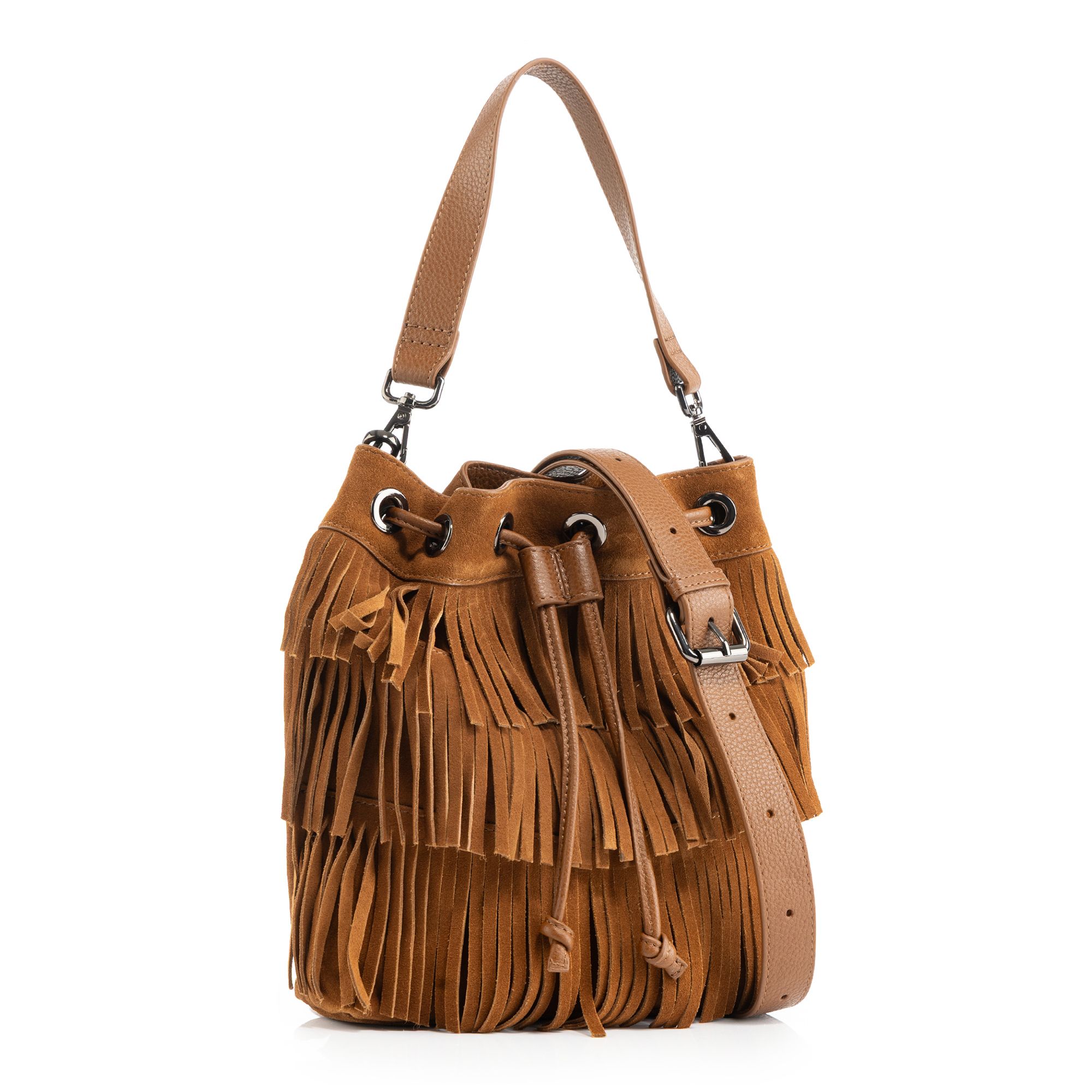 VIA MILANO Beuteltasche echt Leder Fransen Mittelfach