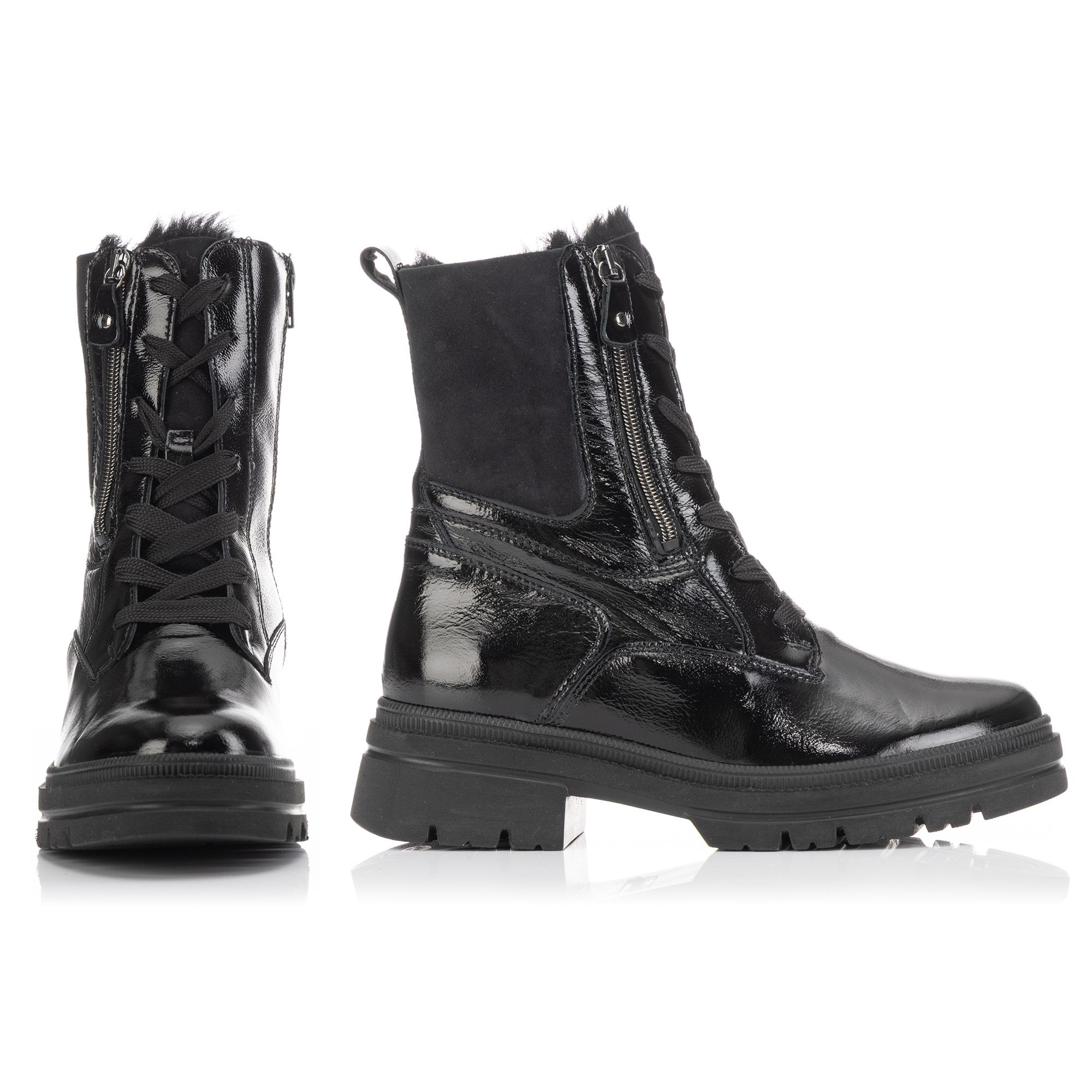 VITAFORM Damen-Stiefelette Lackleder/Lammfell 2 Reißverschlüsse Absatzsohle