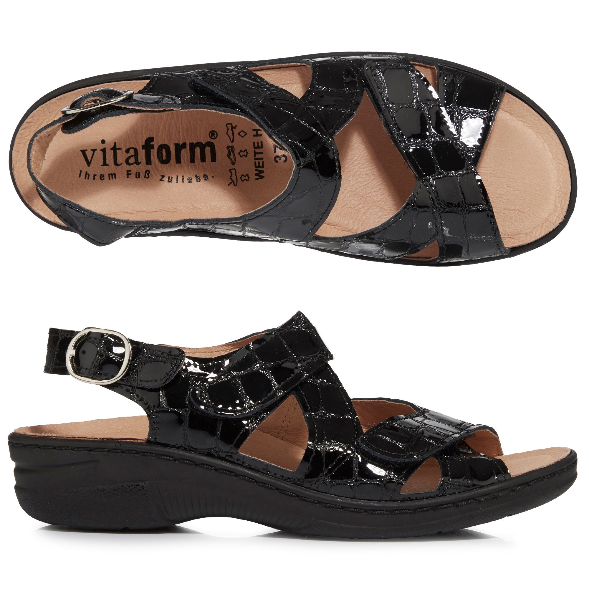 VITAFORM Damen-Sandalette Softlackleder Krokoprägung Keilabsatz