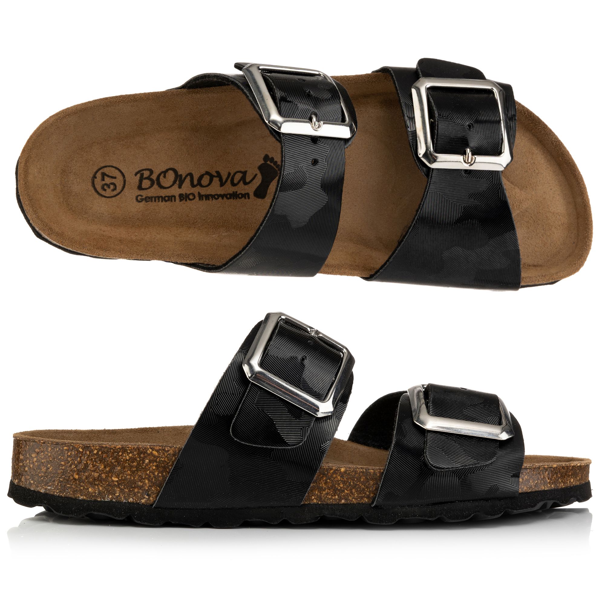 BONOVA Damen-Pantolette Camouflage-Muster 2 verstl. Riemen Super-Soft-Fußbett