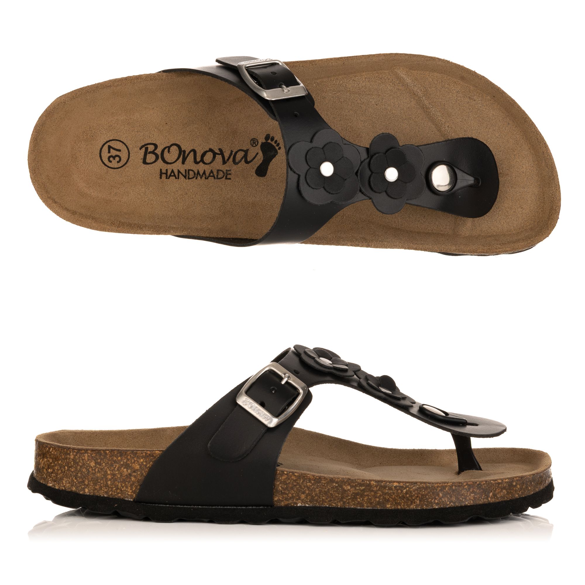 BONOVA Damen-Zehentrenner Blumen-Detail verstellbarer Riemen super-Soft-Fußbett