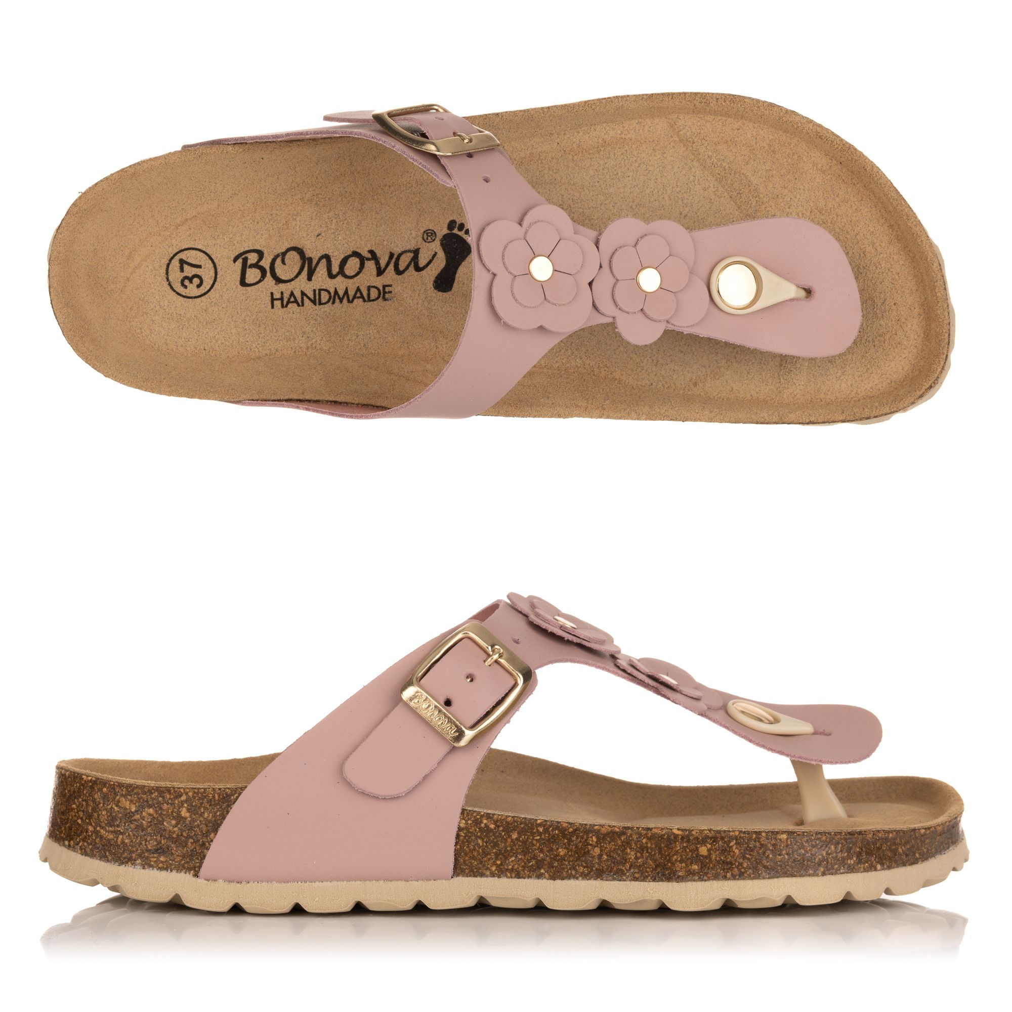 BONOVA Damen-Zehentrenner Blumen-Detail verstellbarer Riemen super-Soft-Fußbett