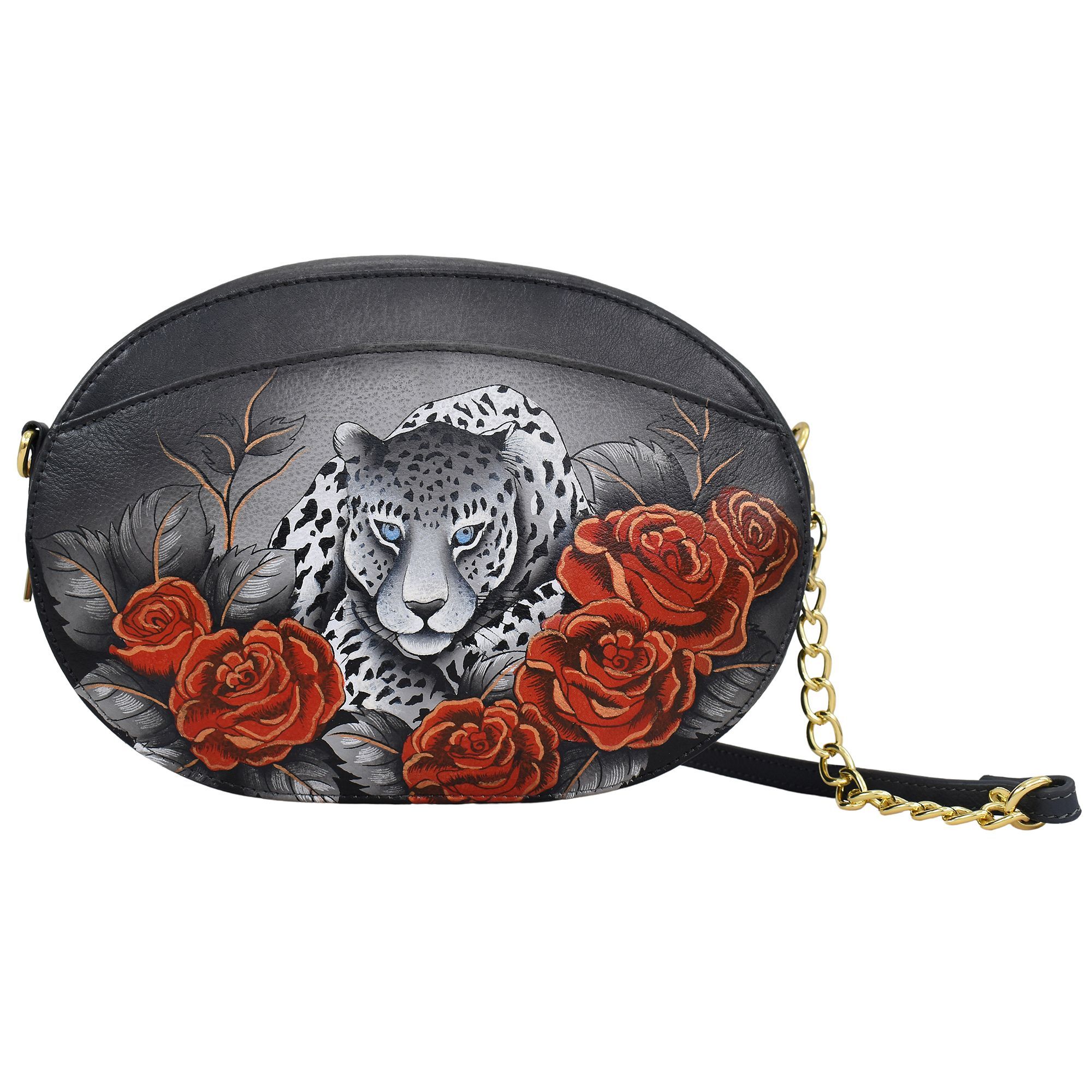 ANUSCHKA® Midi-Umhängetasche echt Leder Kettendetails handbemalt