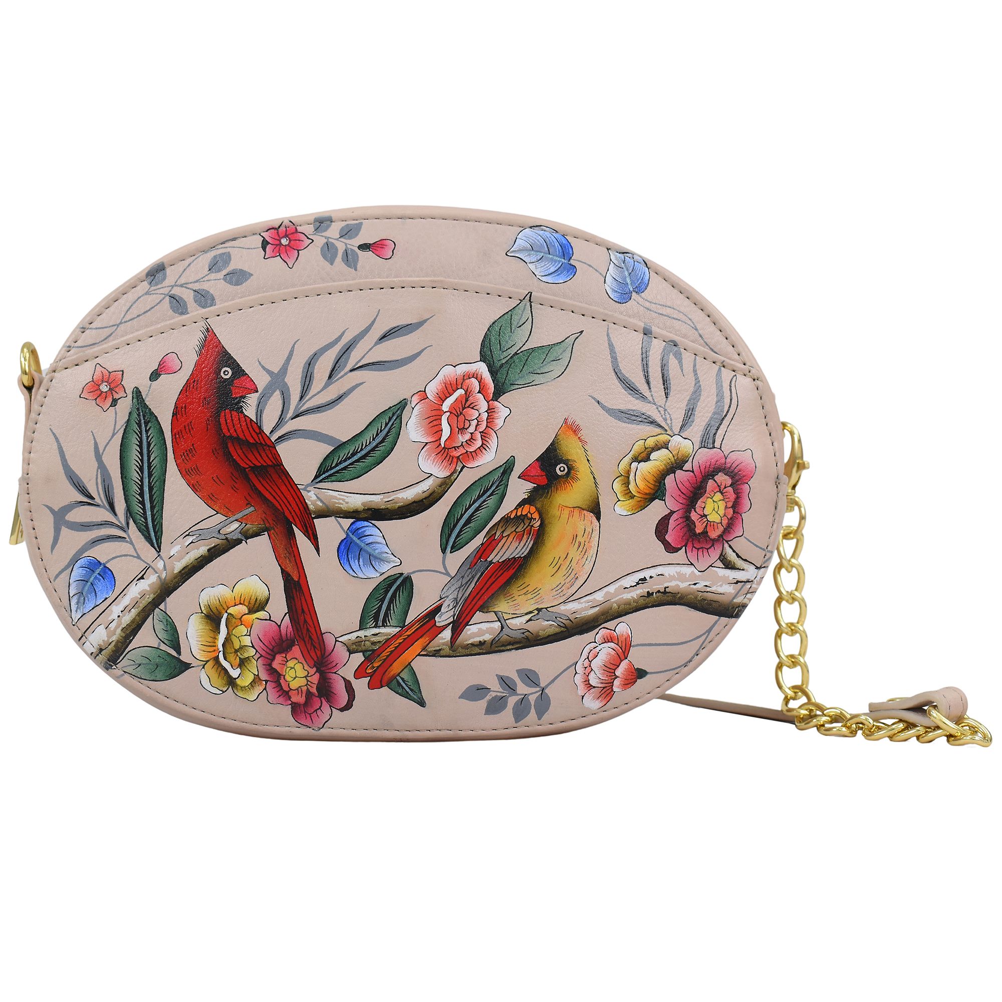 ANUSCHKA® Midi-Umhängetasche echt Leder Kettendetails handbemalt