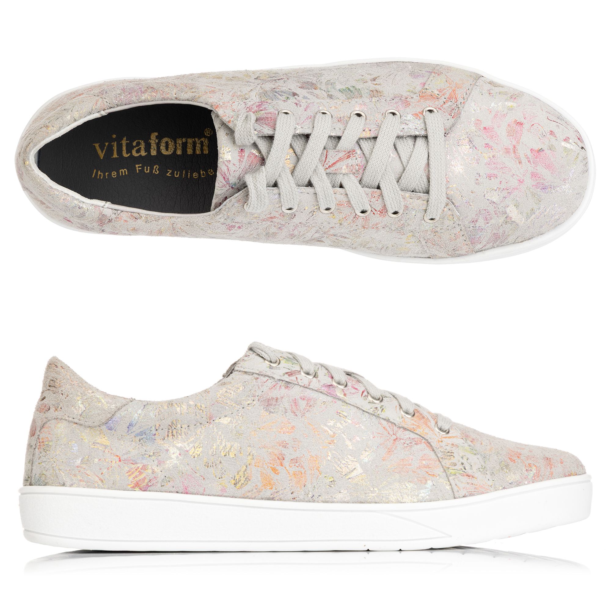 VITAFORM Damen-Sneaker Verloursleder Blumenprint Metallic Sohle Stella