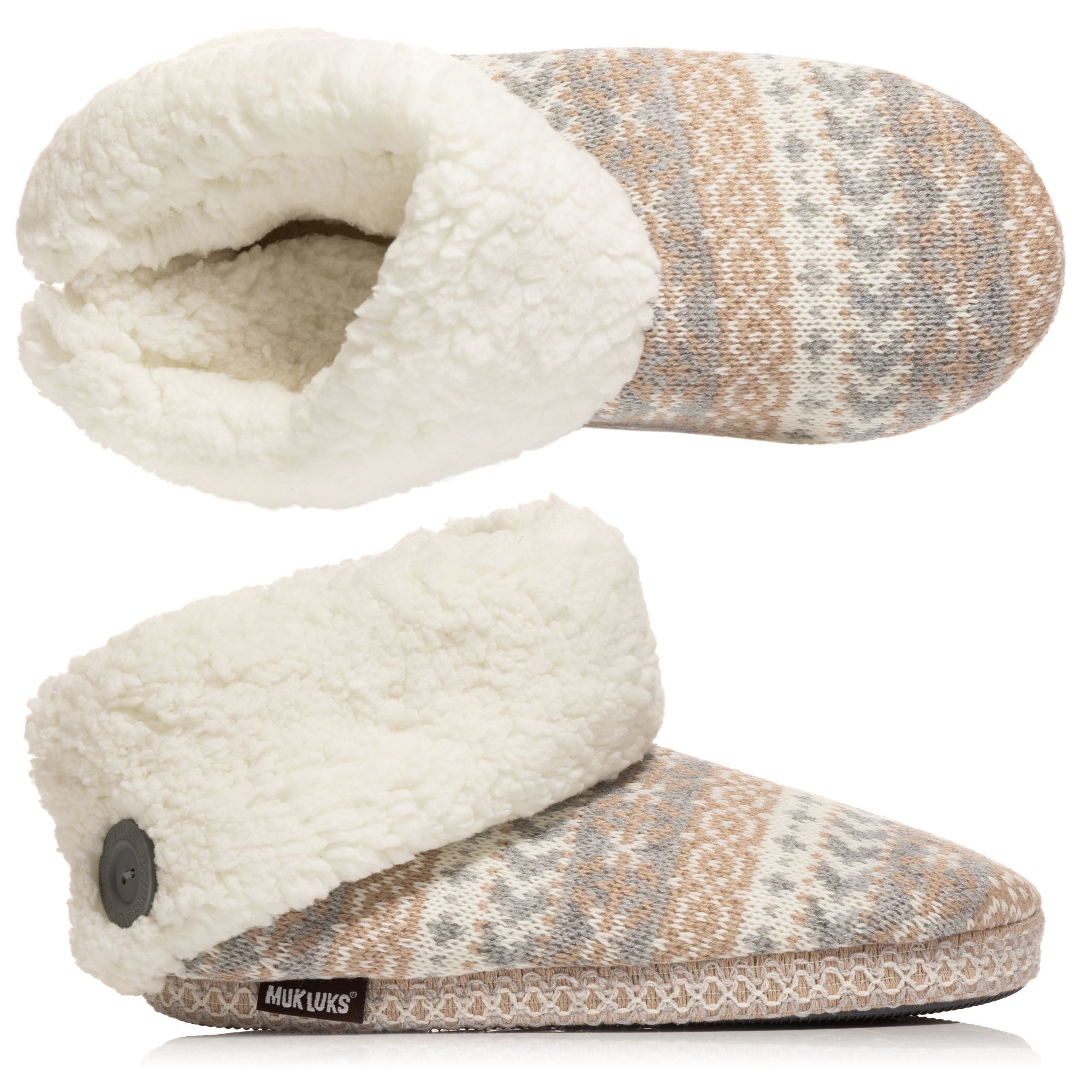 MUK LUKs Damen-Hausschuhe weich gefüttert Profilsohle Knopfdetail