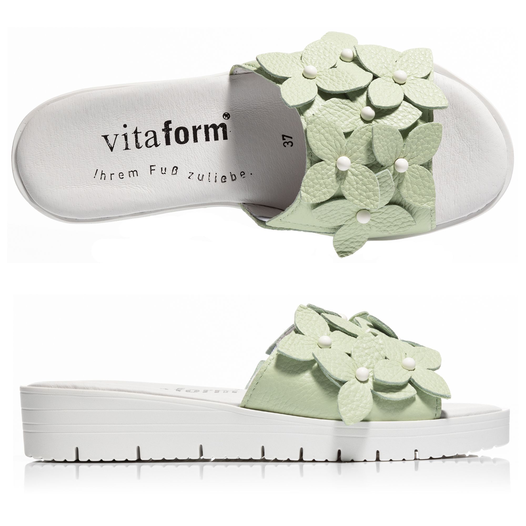 VITAFORM Damen-Pantolette Hirschleder Blütenapplikation Sohle Lana