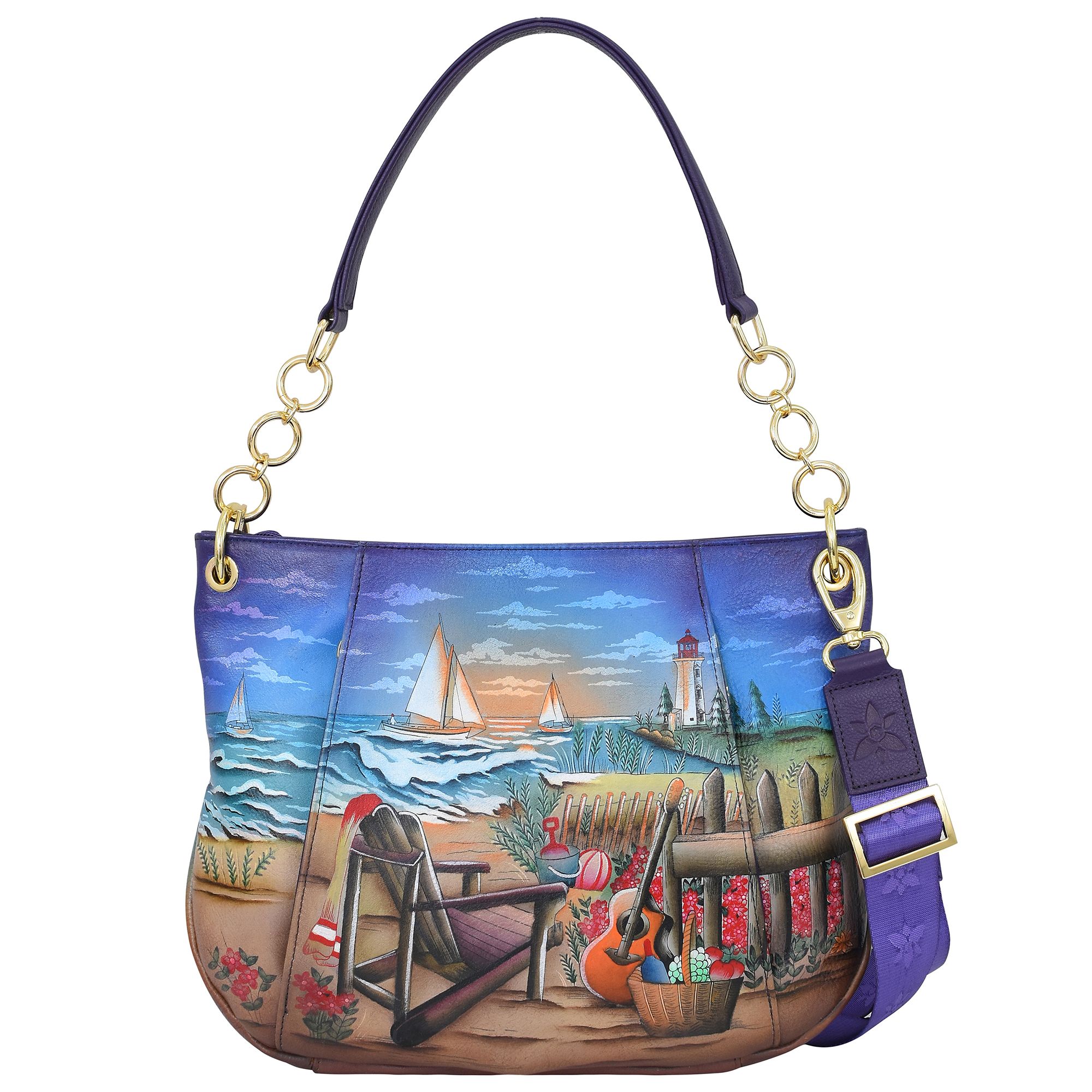 ANUSCHKA® Henkeltasche echt Leder abnehmbarer Riemen handbemalt