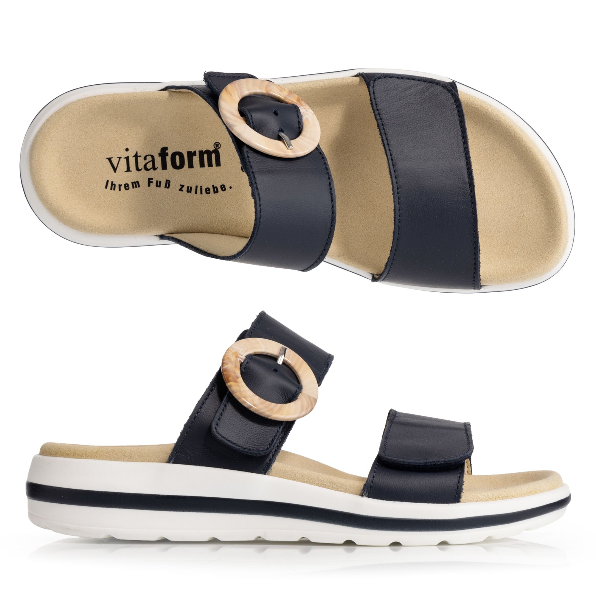 VITAFORM Damen- Pantolette Nappaleder Schnalle 2 Klettriemen