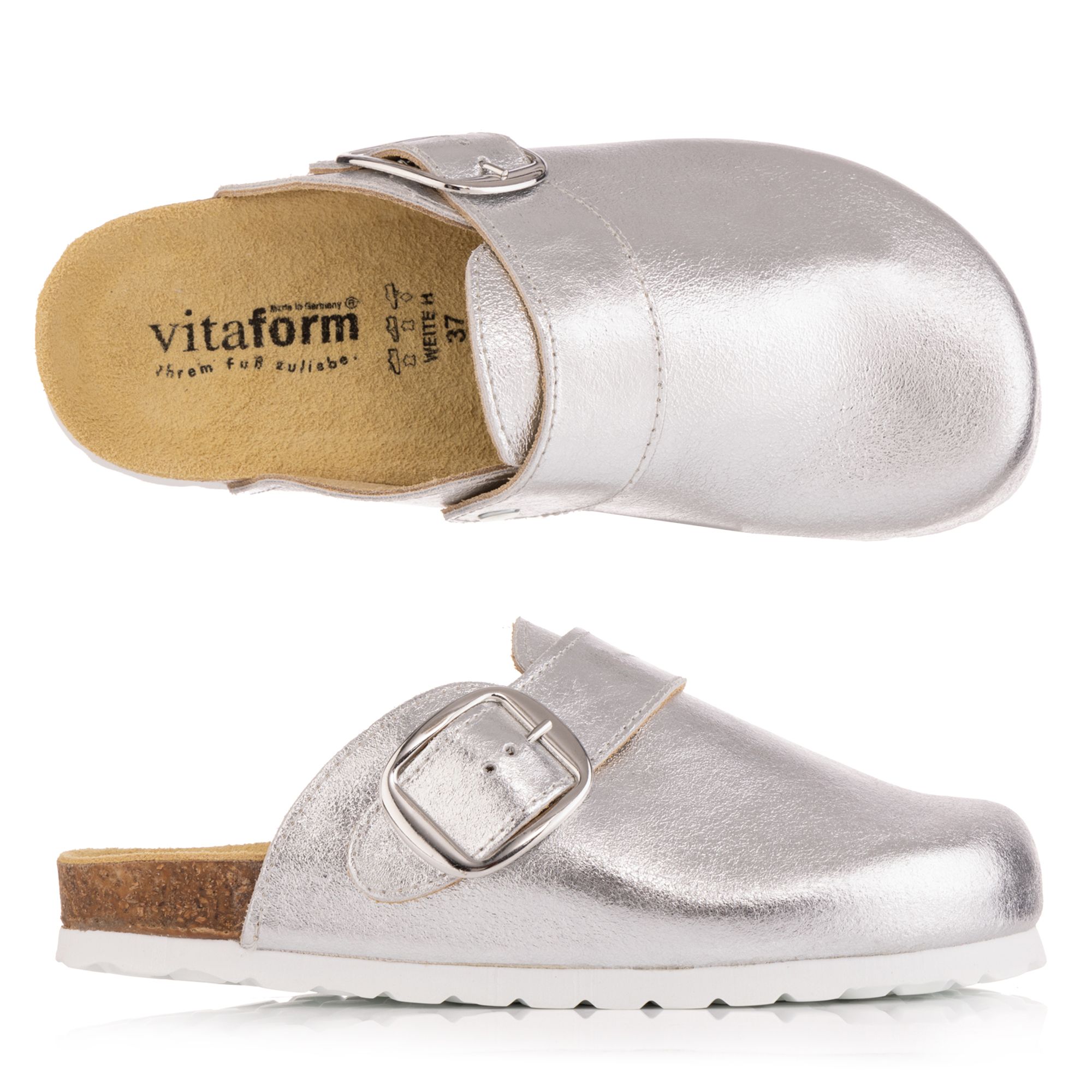 VITAFORM Damen Clog echt Leder Metallic Korkfußbett