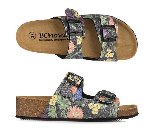 BONOVA Damen-Keil-Pantolette Blumenprint 2 verstellb. Riemen Super-Soft-Fußbett