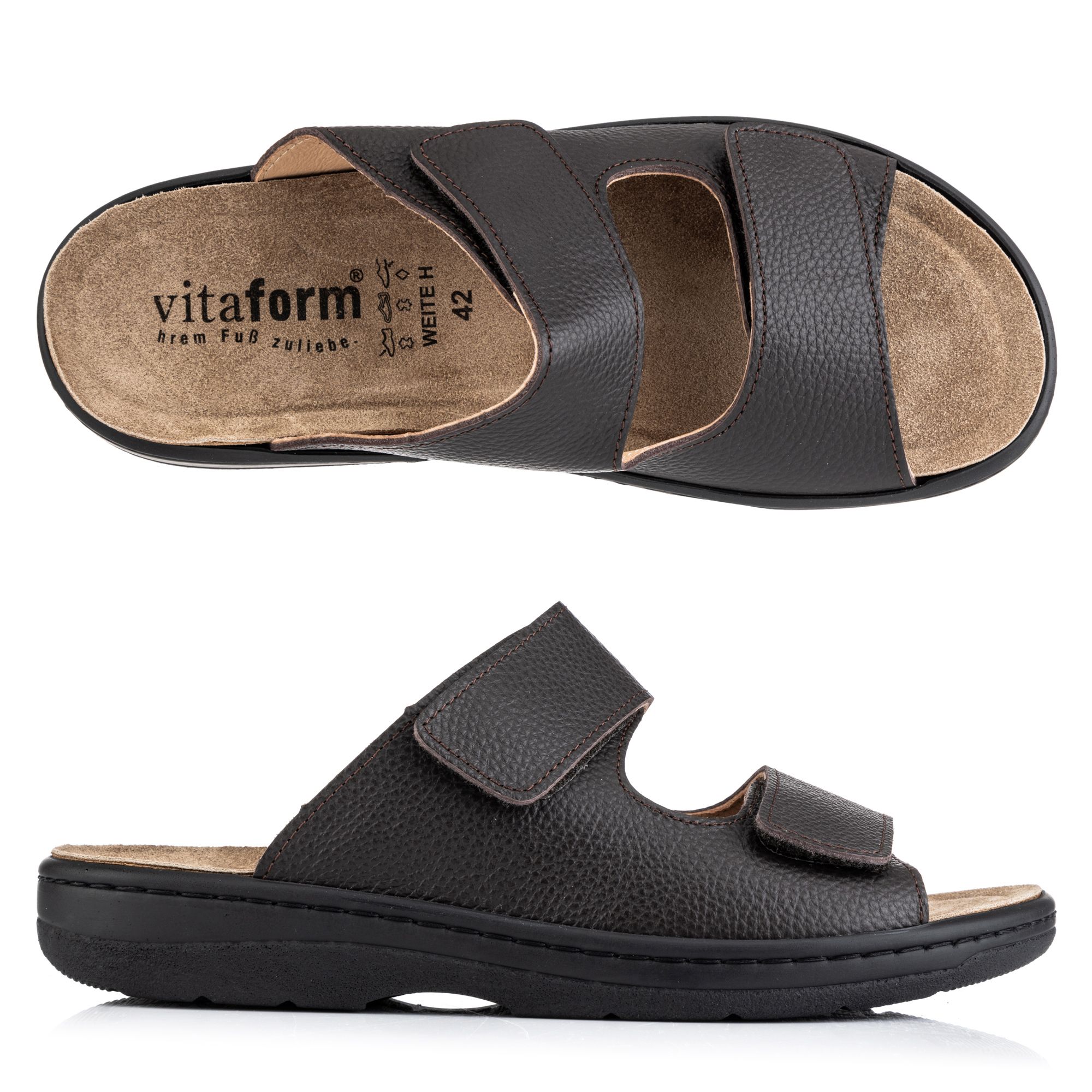 VITAFORM Herren- Pantolette Nappaleder 2 Klettverschlüsse Kontrastnaht