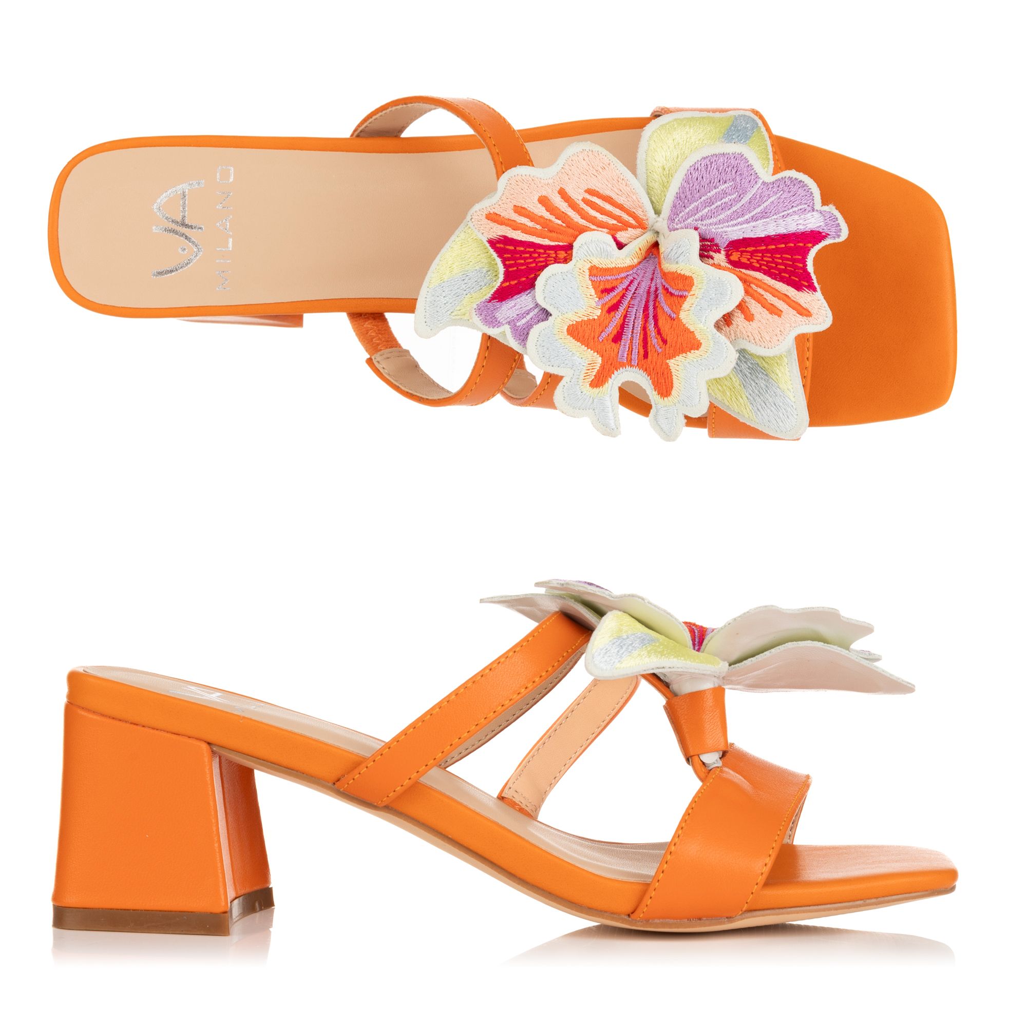 VIA MILANO Damen-Sandalette echt Leder Blumen Detail Blockabsatz ca.6cm