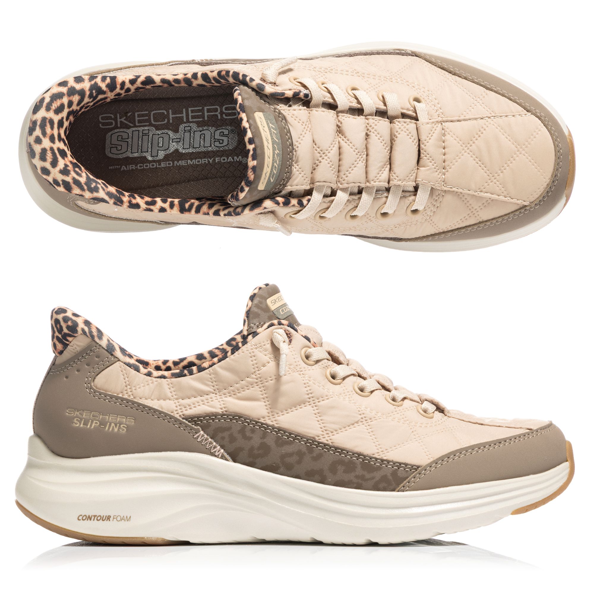 SKECHERS Damen-Slipper Contour Foam Cozy Fit Leopard Hands Free Slip-ins®