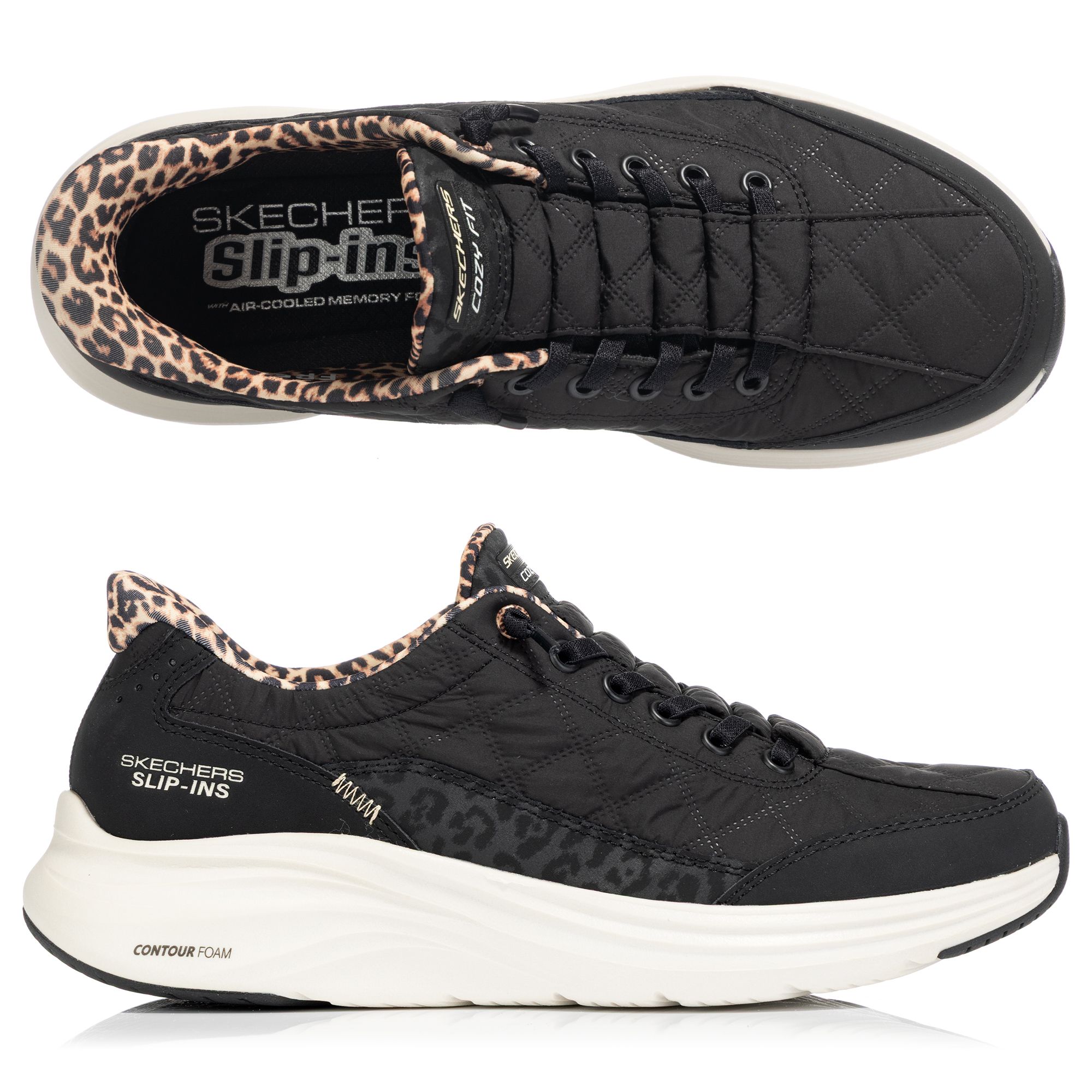 SKECHERS Damen-Slipper Contour Foam Cozy Fit Leopard Hands Free Slip-ins®