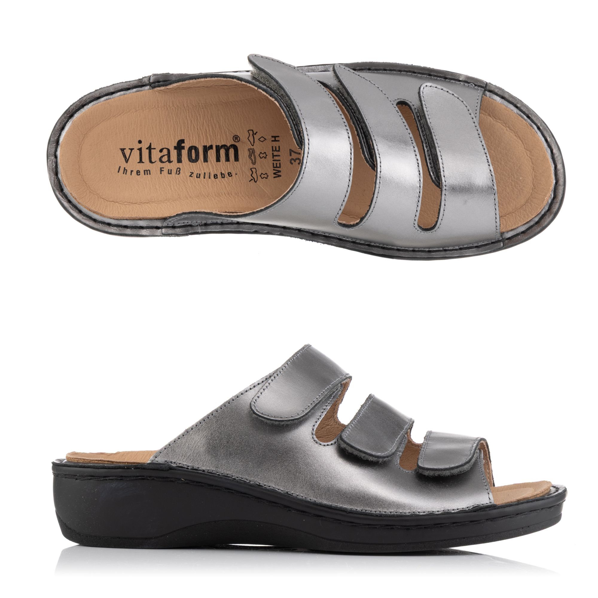 VITAFORM Damen-Pantolette Nappaleder Metallic 3er Klett
