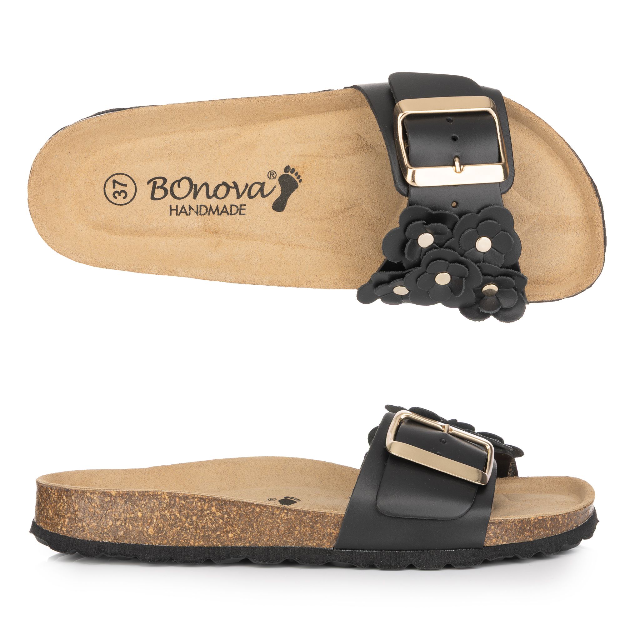 BONOVA Damen-Pantolette Blumen-Detail verstellbarer Riemen Super-Soft-Fußbett