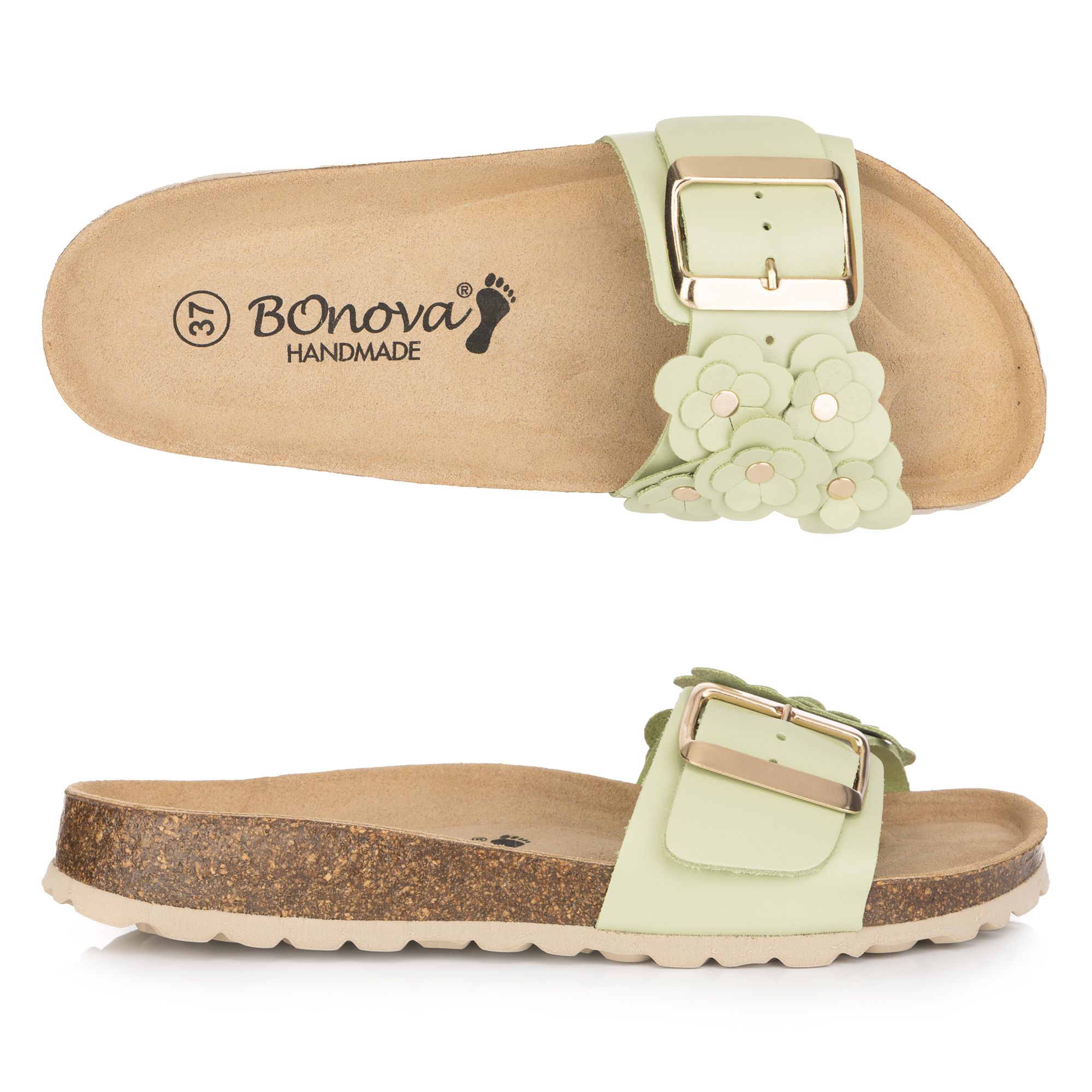 BONOVA Damen-Pantolette Blumen-Detail verstellbarer Riemen Super-Soft-Fußbett
