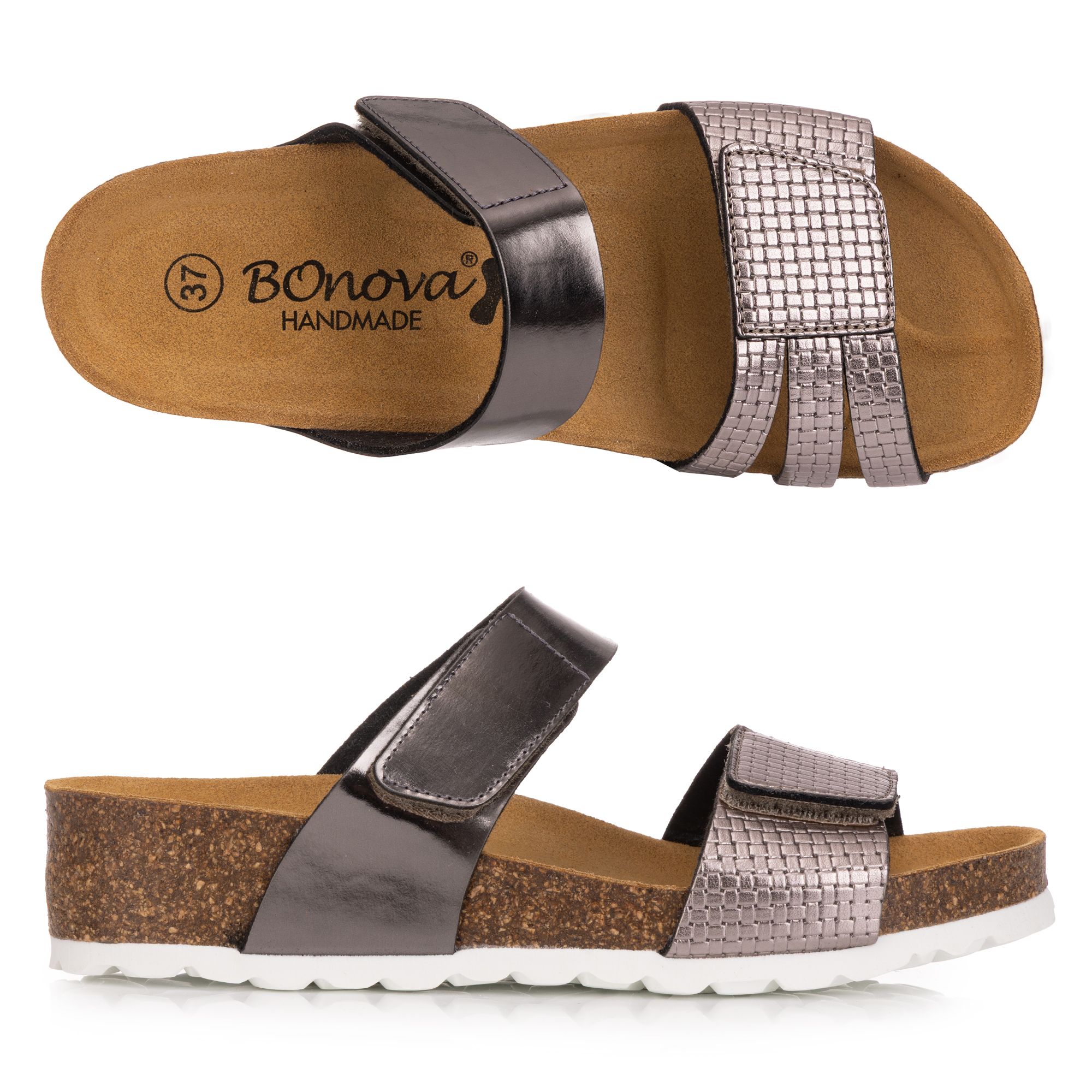 BONOVA Damen-Pantolette Metallic-Optik Klettverschluss Keilabsatz ca. 3,5cm