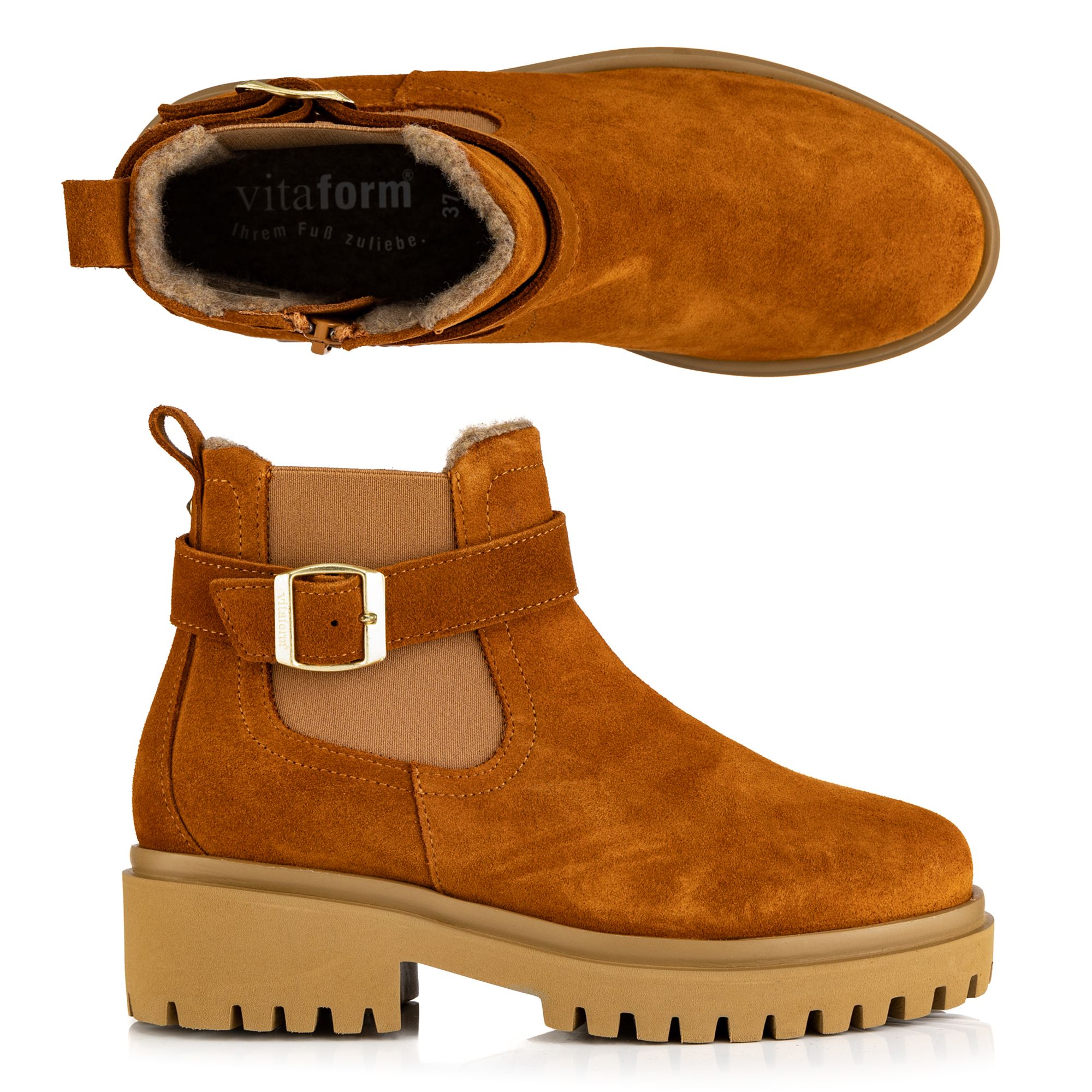 VITAFORM Damen-Stiefelette Veloursleder Zierriemen Profilsohle