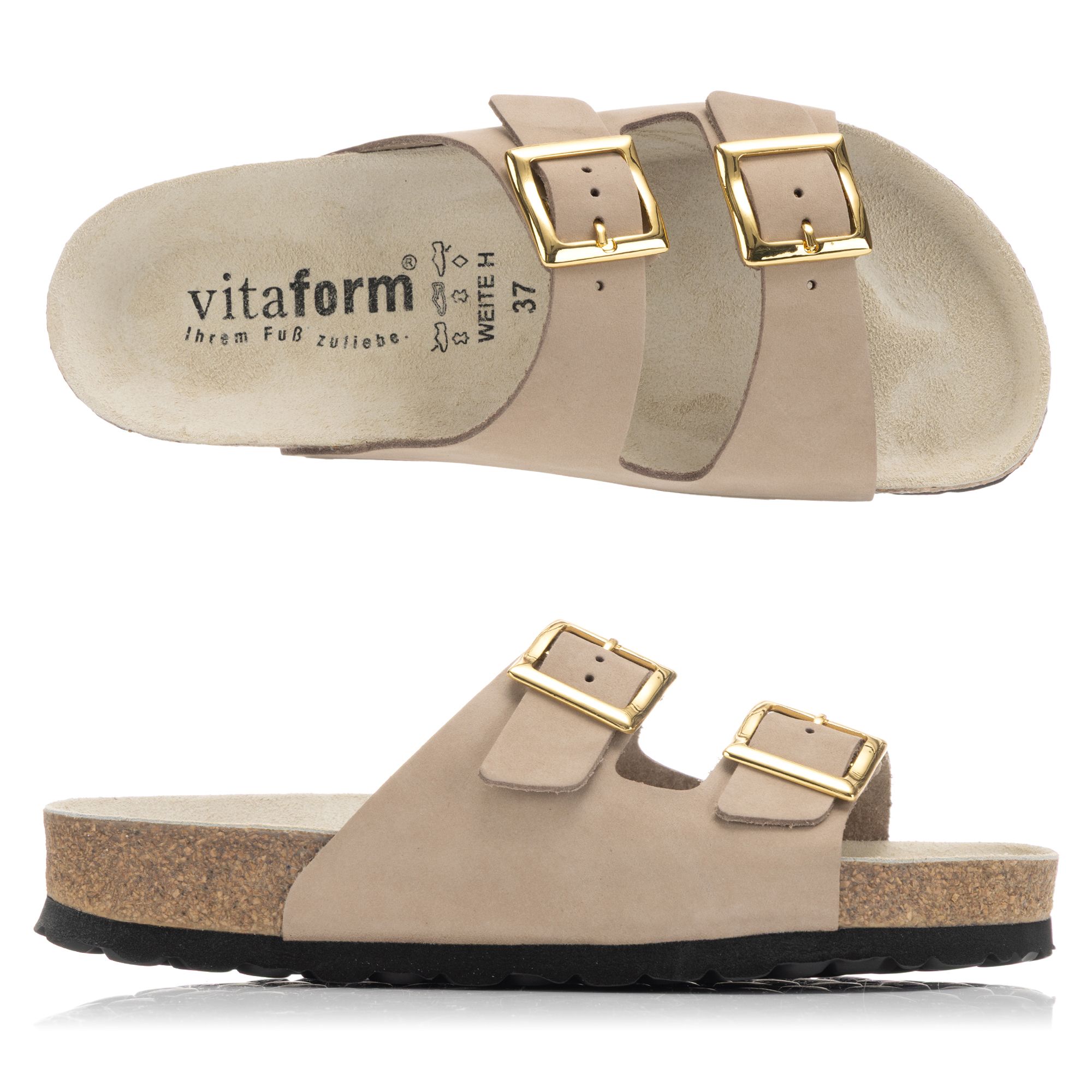 VITAFORM Damen-Pantolette Nubukleder 2 Schnallen Tieffußett