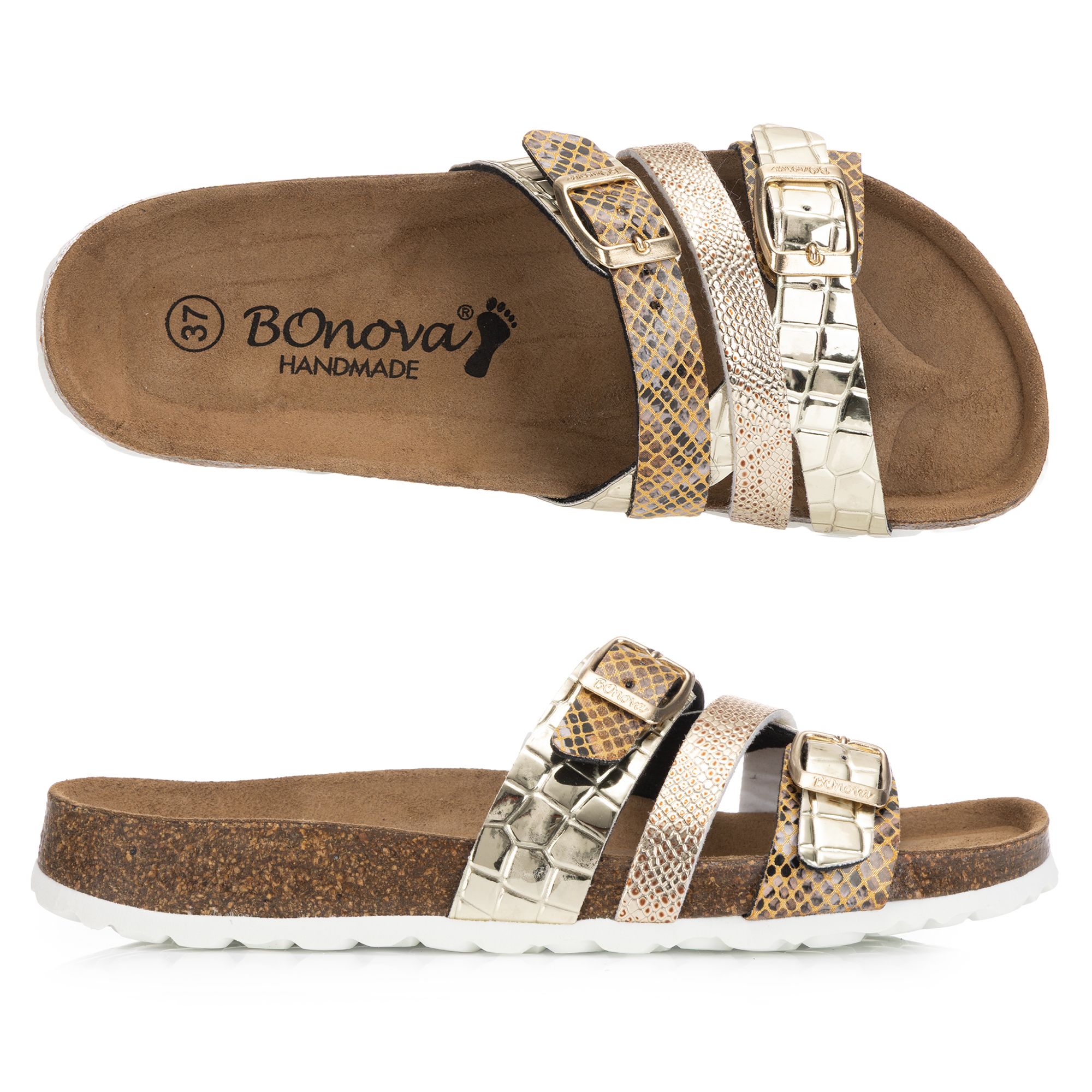 BONOVA Damen-Pantolette Metallic-Optik 2. verstel. Riemen Super-Soft-Fußbett