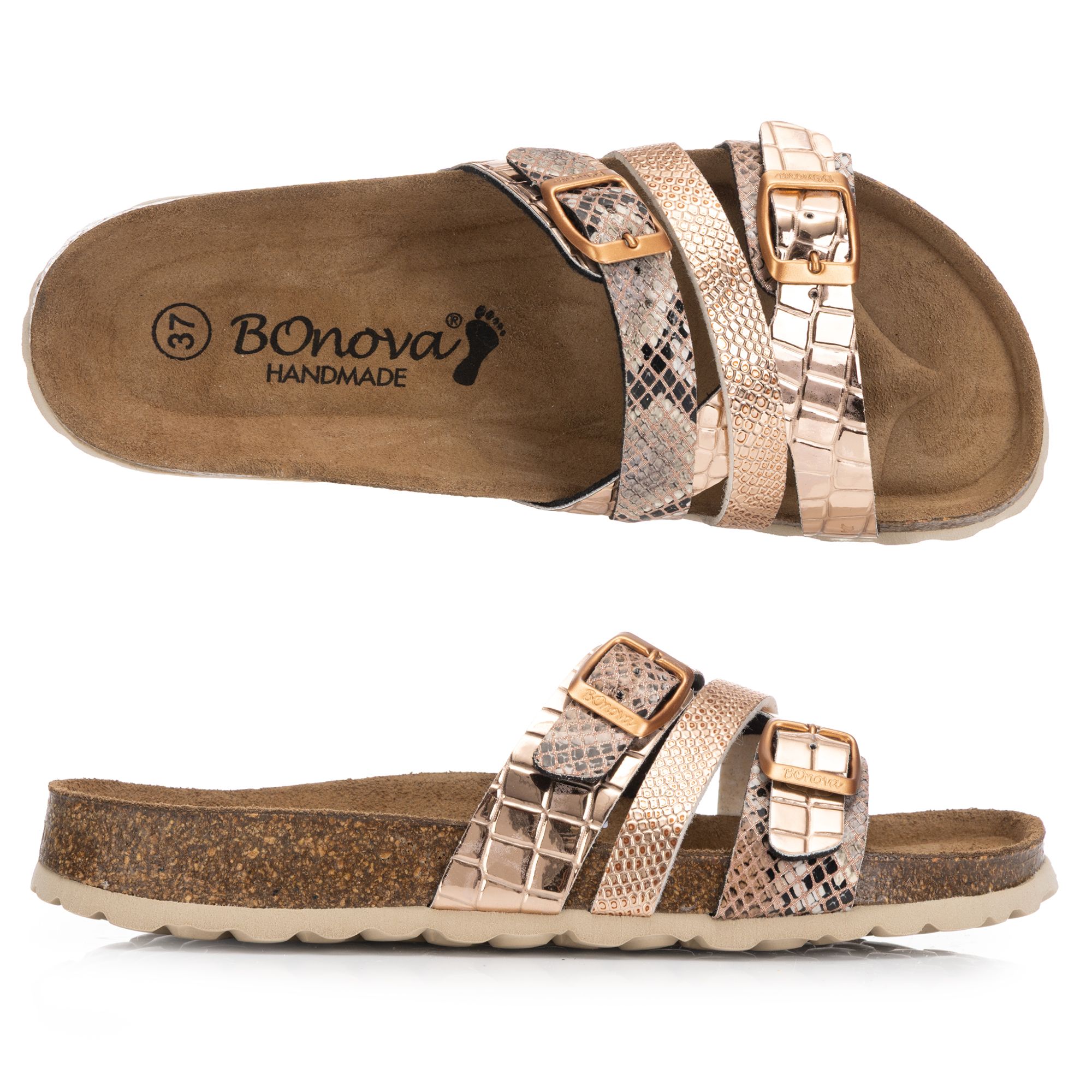 BONOVA Damen-Pantolette Metallic-Optik 2. verstel. Riemen Super-Soft-Fußbett