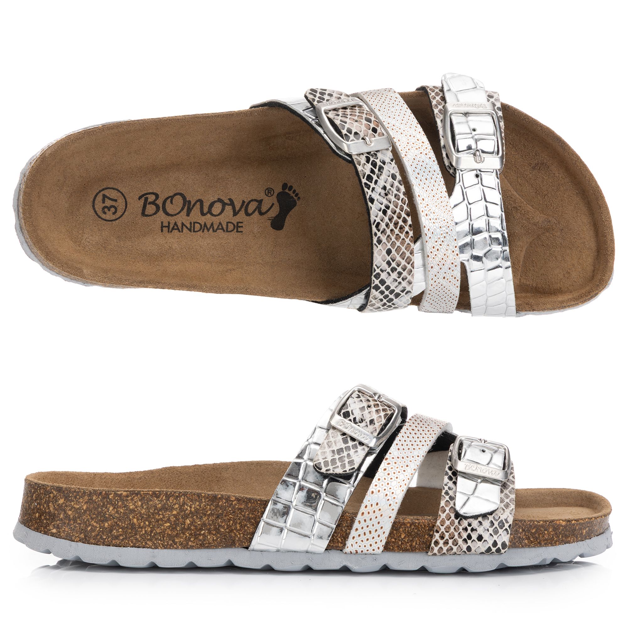 BONOVA Damen-Pantolette Metallic-Optik 2. verstel. Riemen Super-Soft-Fußbett