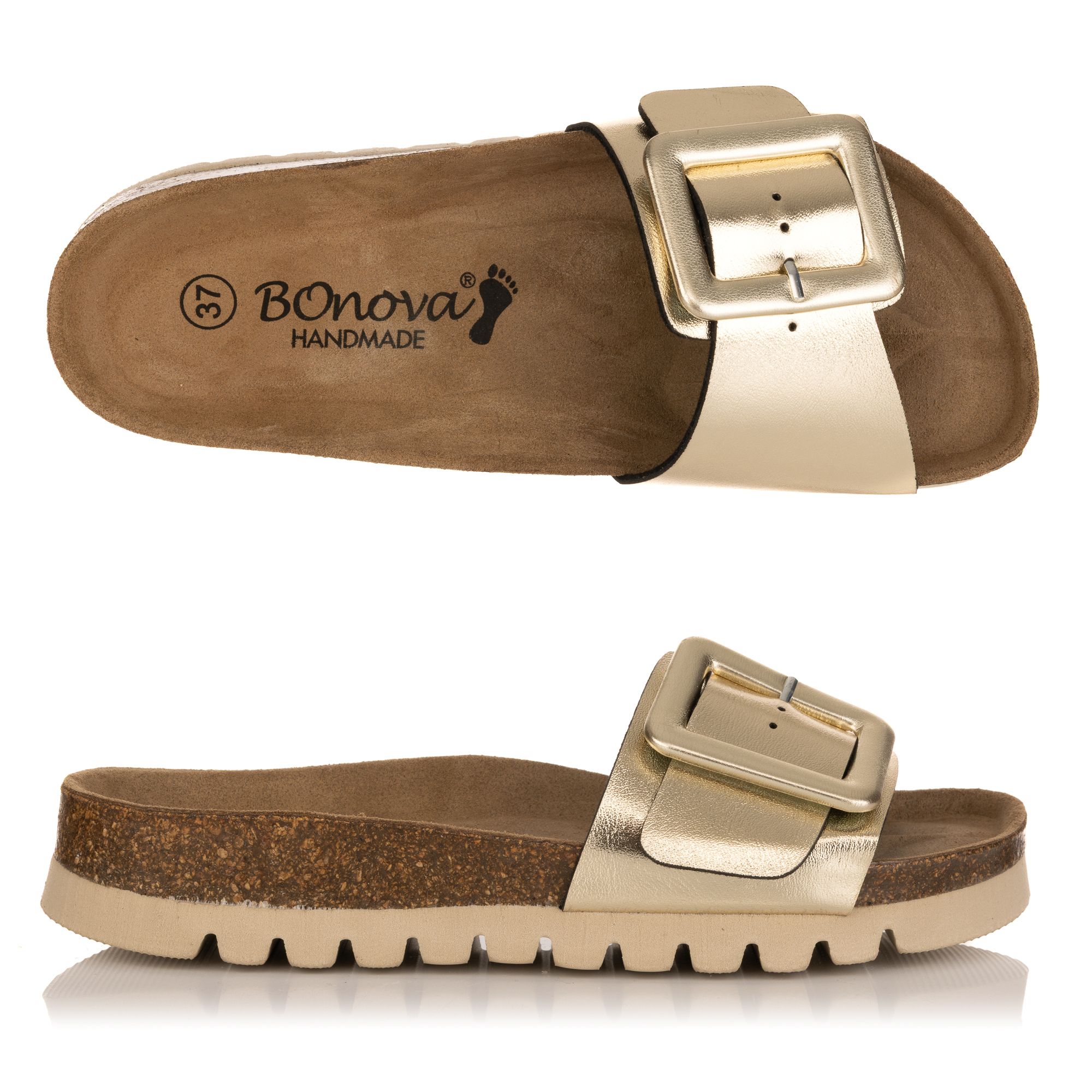 BONOVA Damen-Pantolette verstellb. Riemen Metallic Optik Korkfußbett