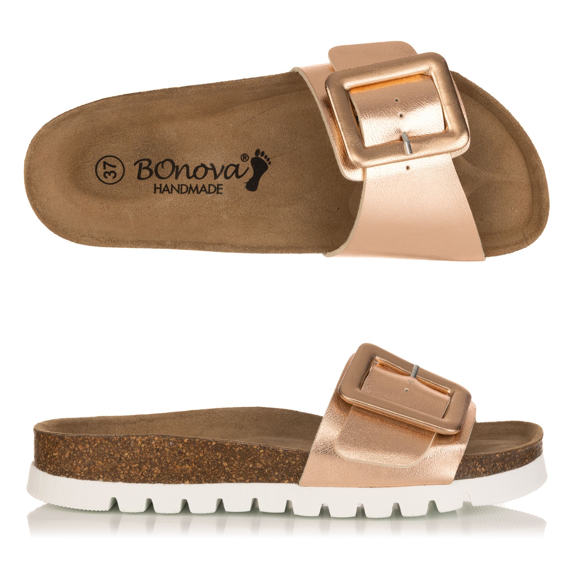 BONOVA Damen-Pantolette verstellb. Riemen Metallic Optik Korkfußbett