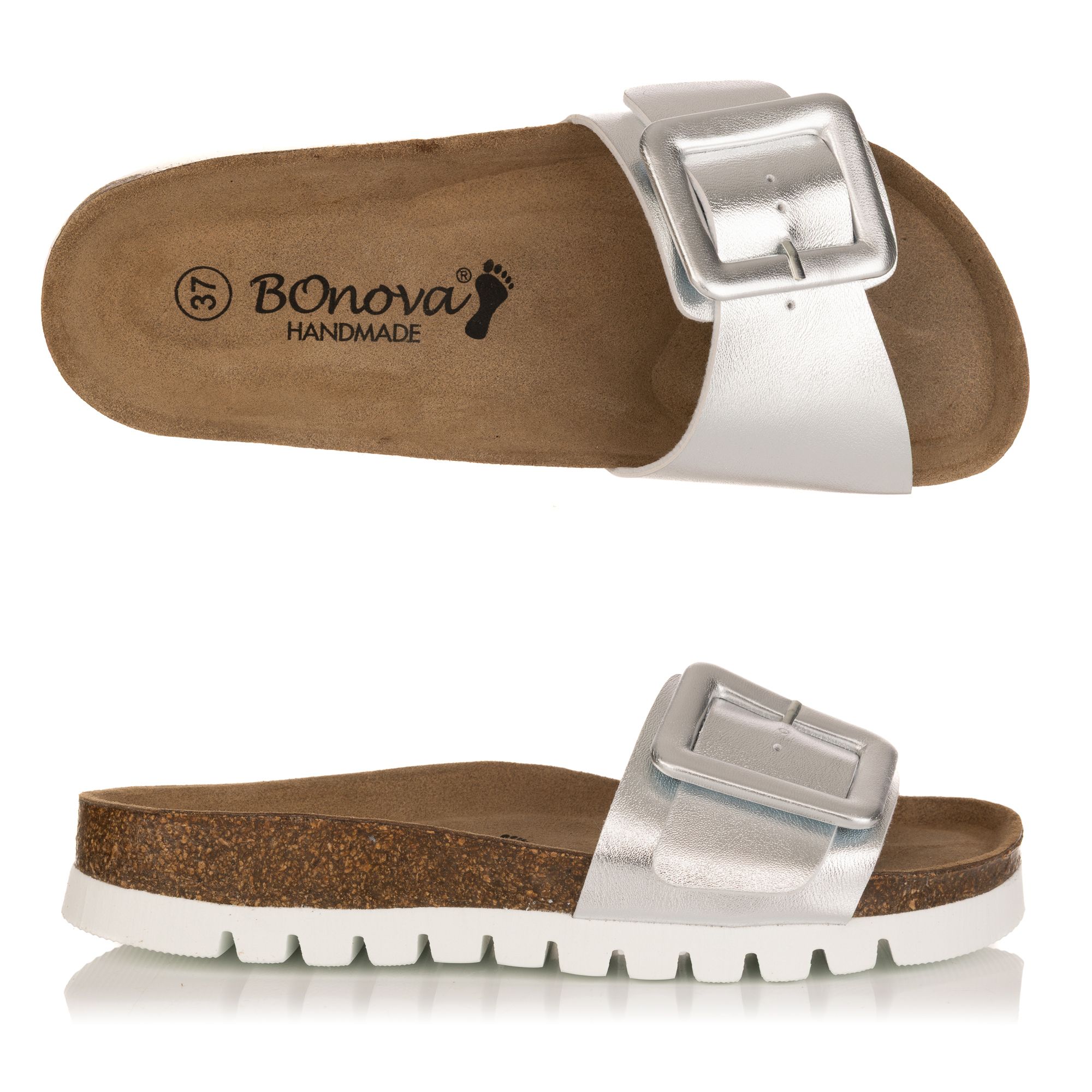BONOVA Damen-Pantolette verstellb. Riemen Metallic Optik Korkfußbett