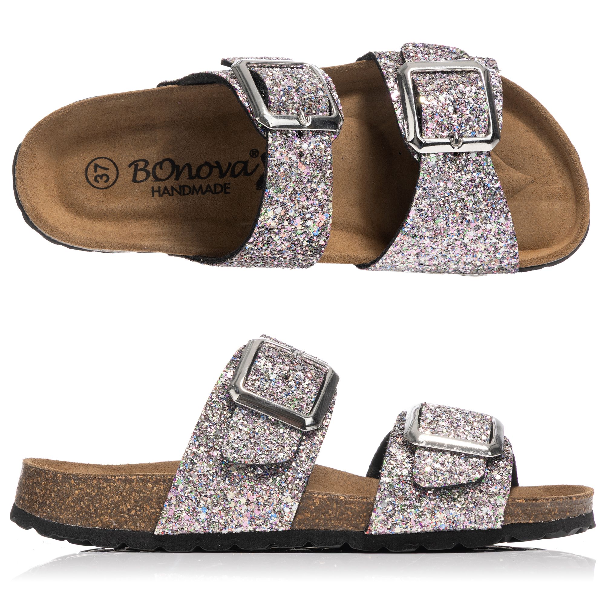 BONOVA Damen-Pantolette Glitzer 2 verstel. Riemen Super-Soft-Fußbett