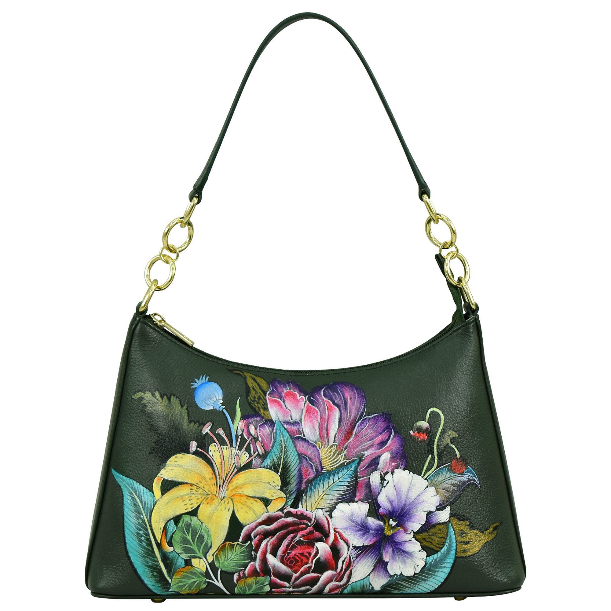 ANUSCHKA® Schultertasche echt Leder Kettendetails handbemalt