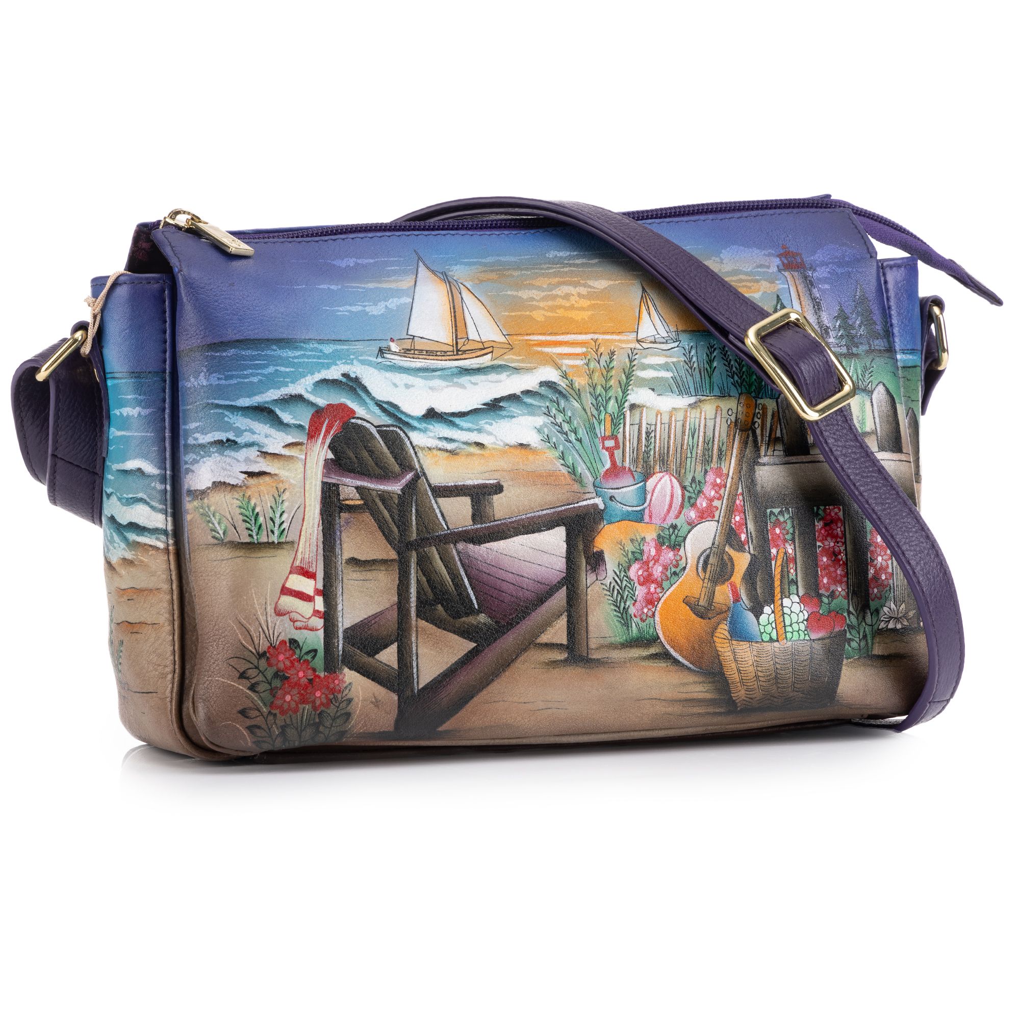 ANUSCHKA® Umhängetasche echt Leder 3 Hauptfächer handbemalt