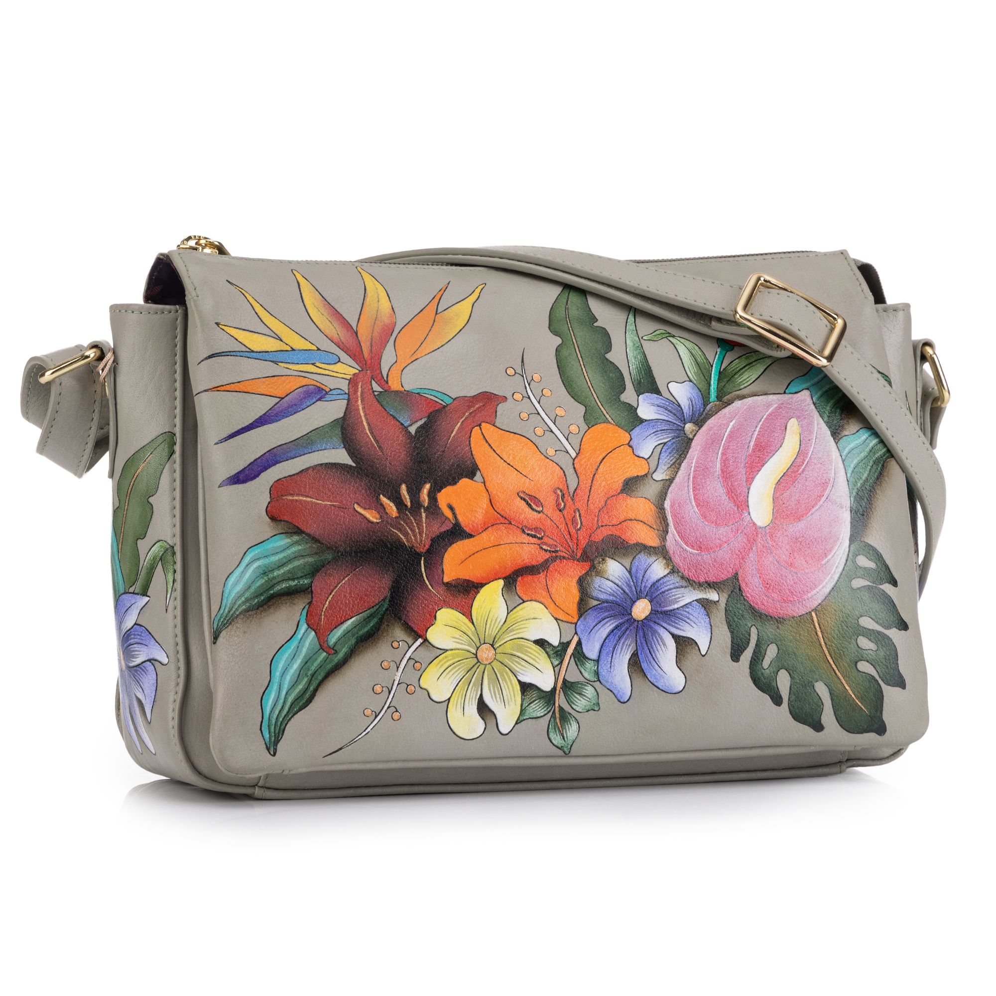 ANUSCHKA® Umhängetasche echt Leder 3 Hauptfächer handbemalt
