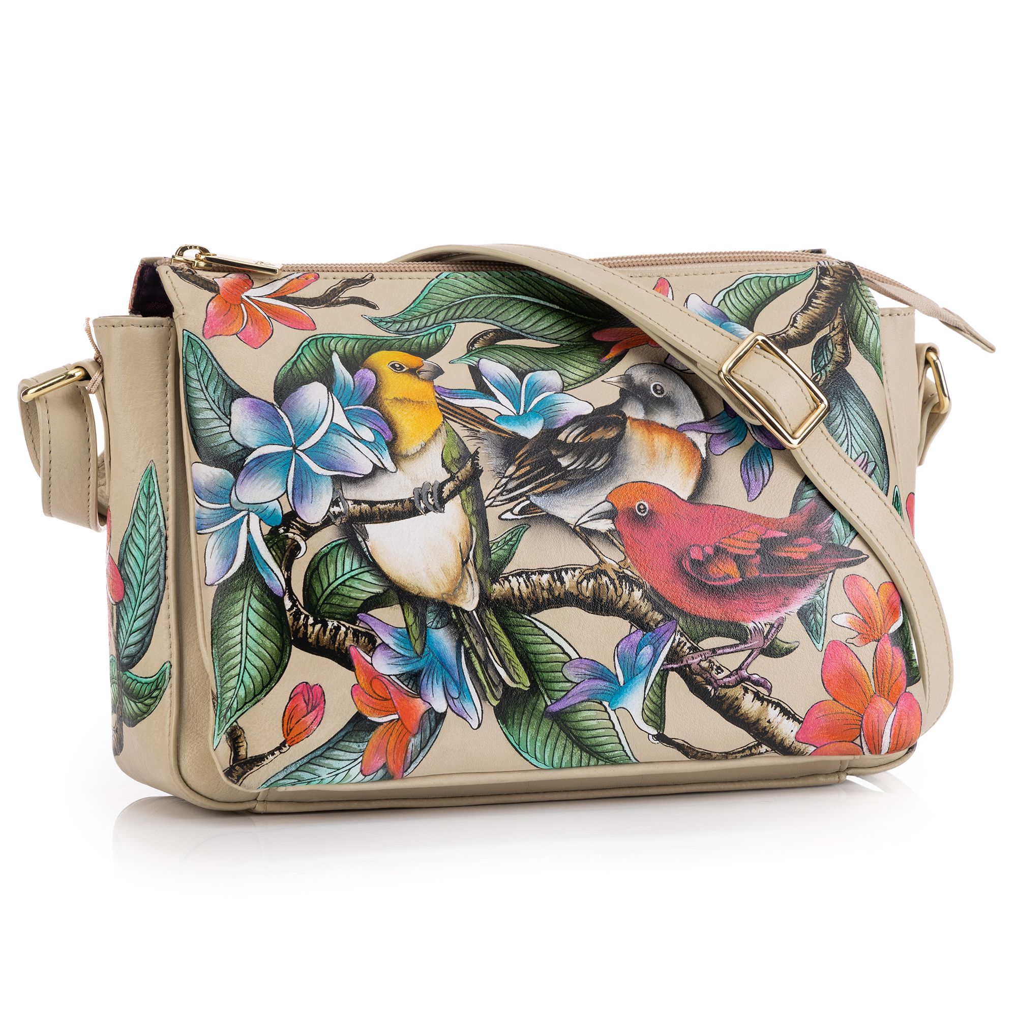 ANUSCHKA® Umhängetasche echt Leder 3 Hauptfächer handbemalt